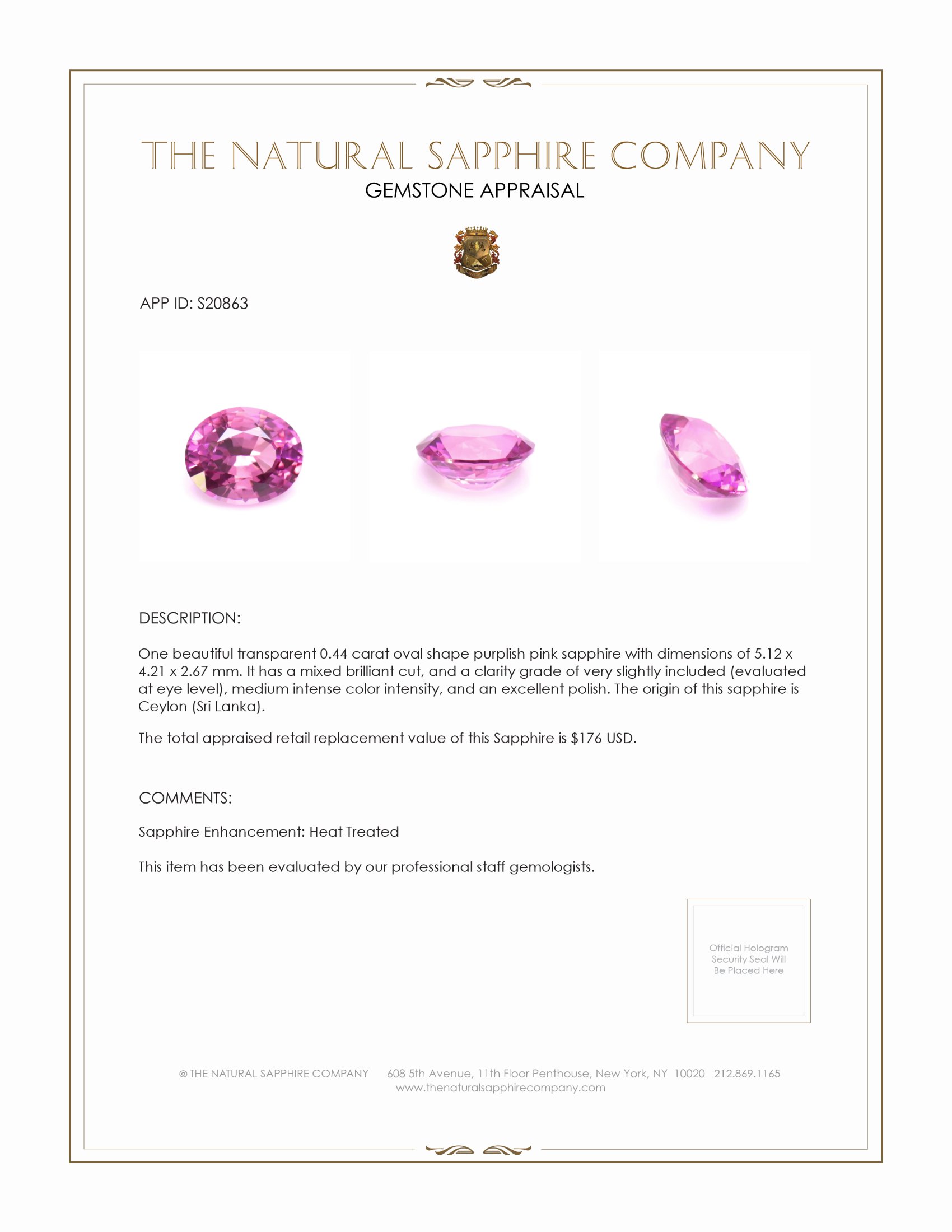 0.44 Ct. Purplish Pink Sapphire from Ceylon (Sri Lanka)