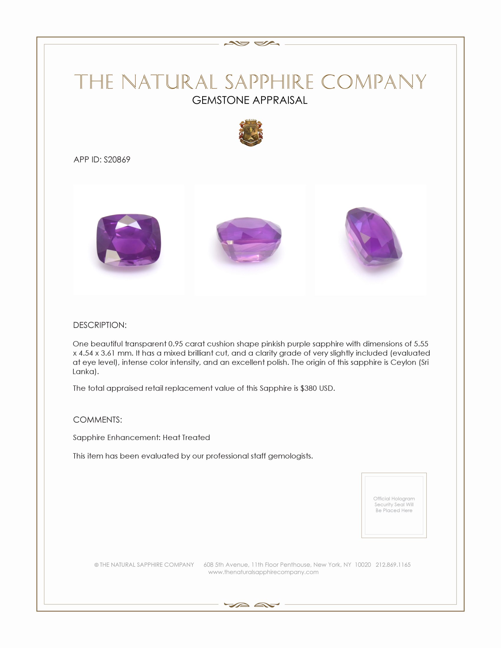 0.95 Ct. Pinkish Purple Sapphire from Ceylon (Sri Lanka)