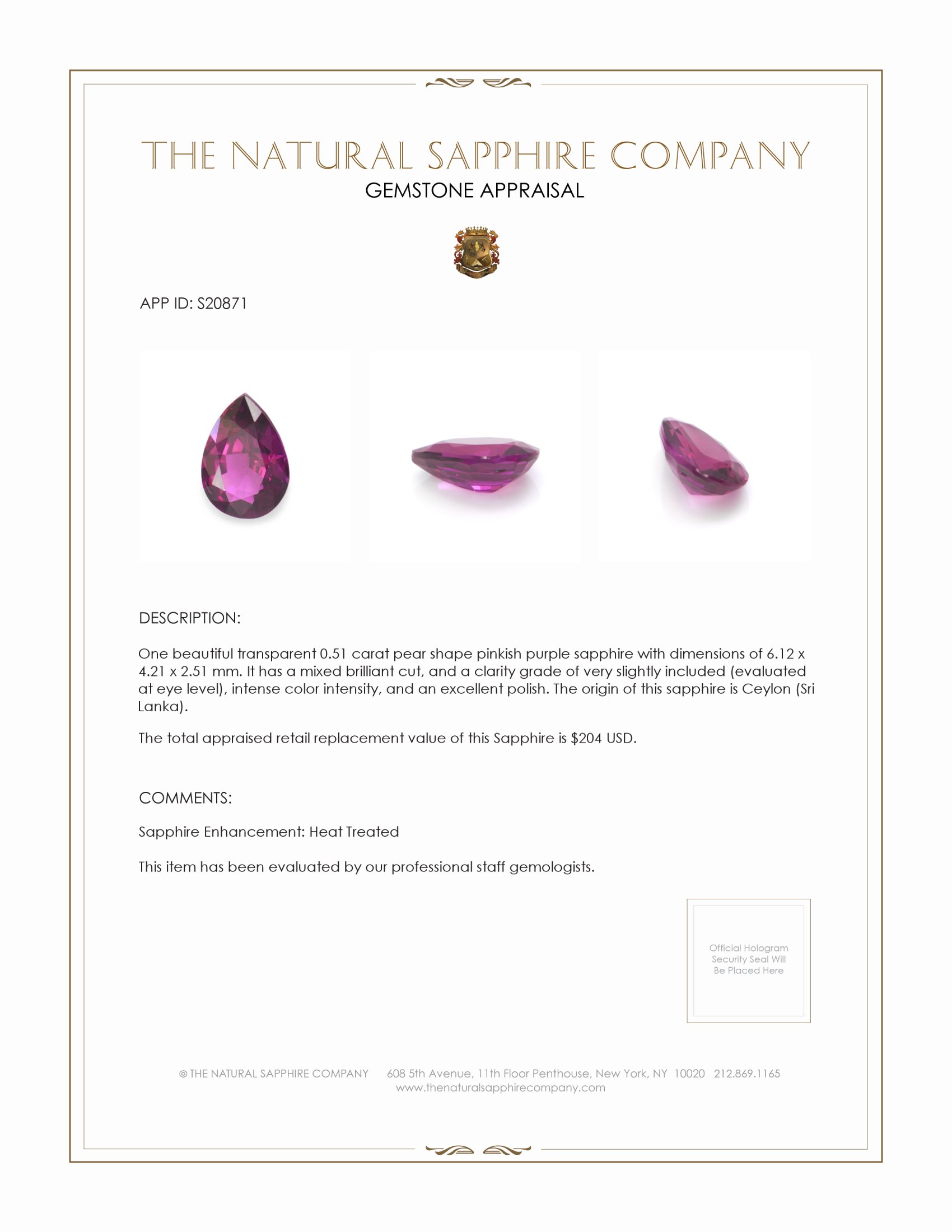 0.51 Ct. Pinkish Purple Sapphire from Ceylon (Sri Lanka)