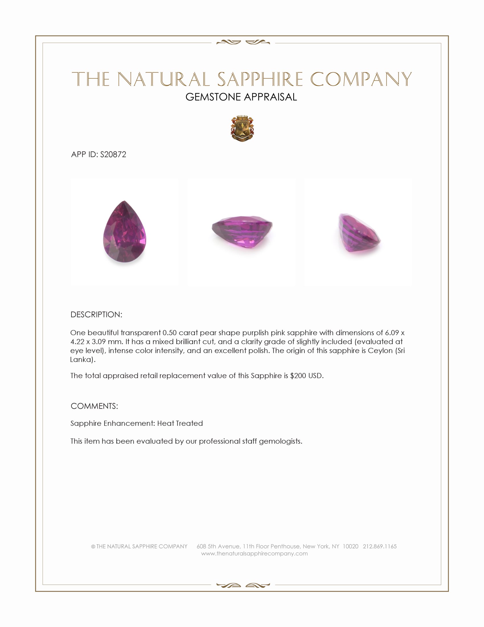 0.50 Ct. Purplish Pink Sapphire from Ceylon (Sri Lanka)