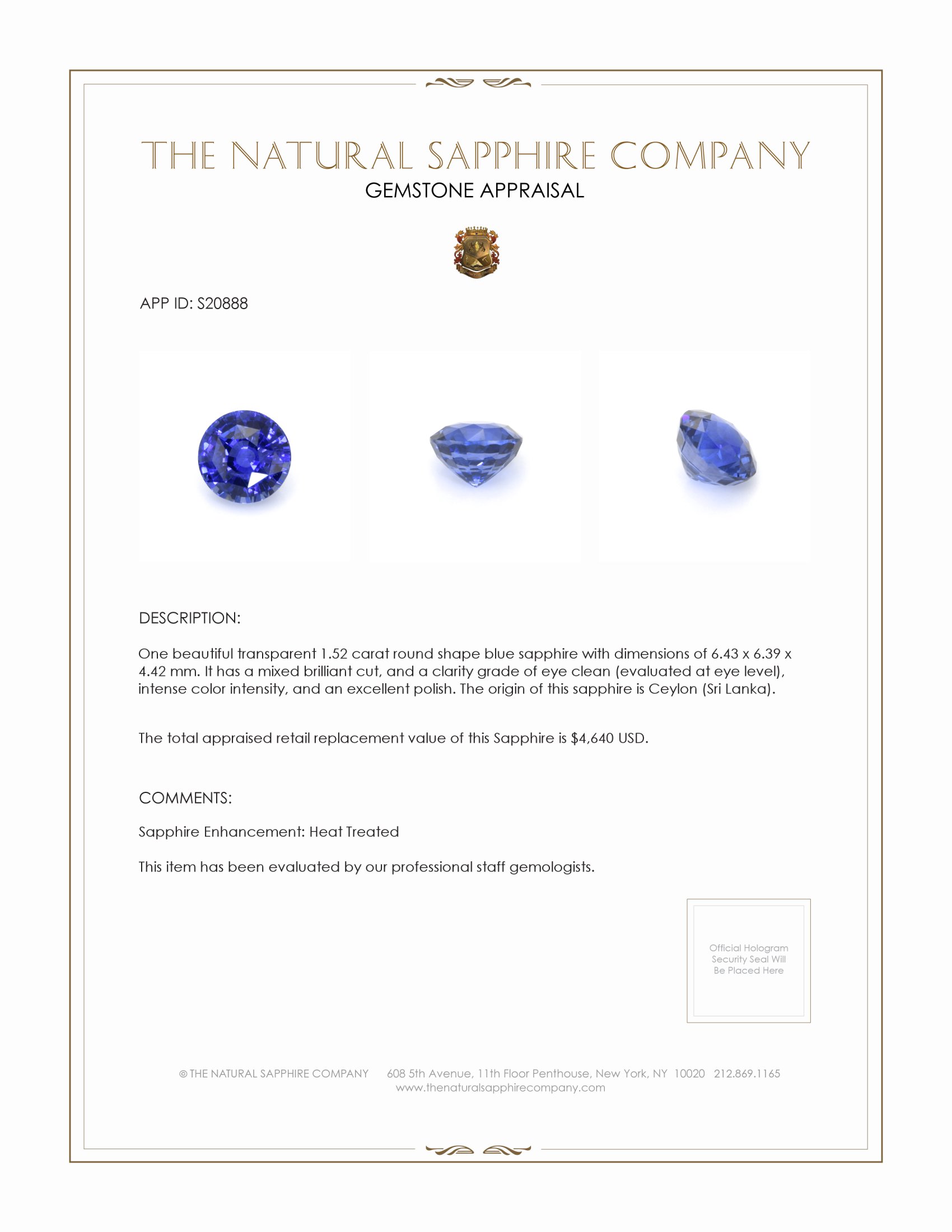 1.52 Ct. Blue Sapphire from Ceylon (Sri Lanka)