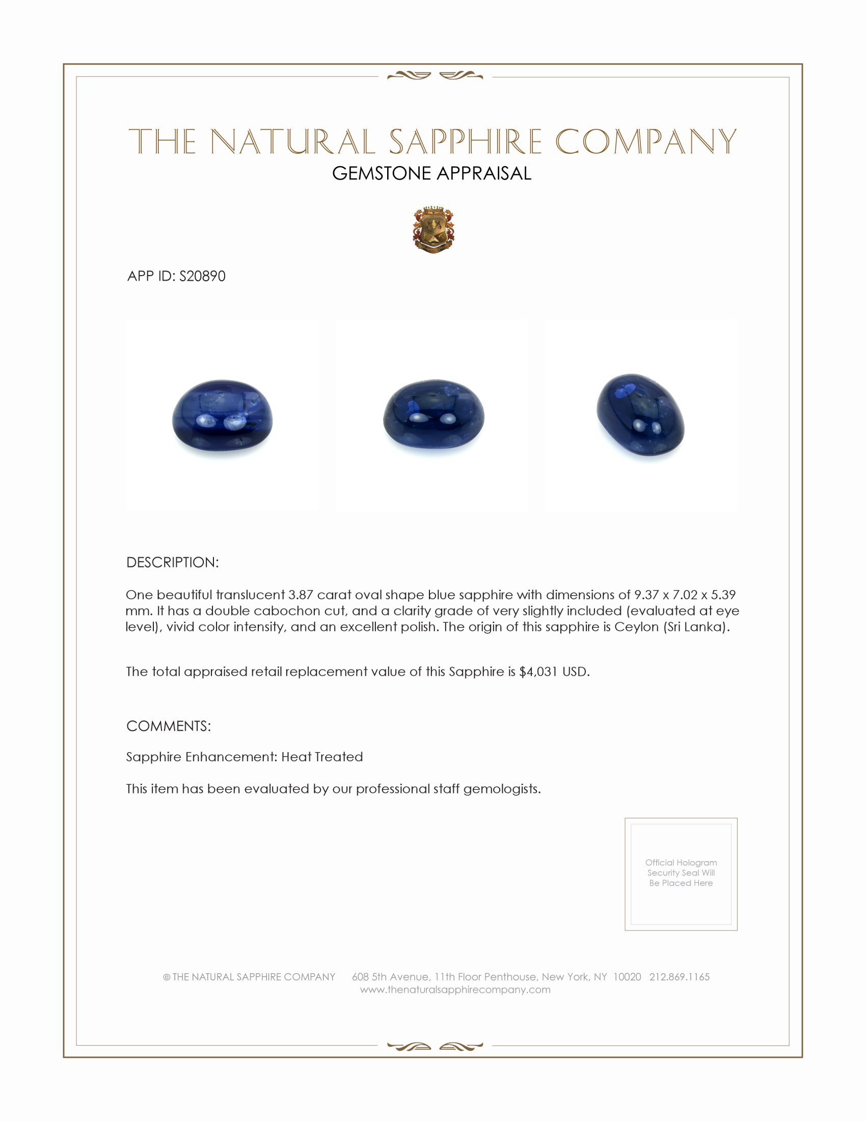 3.87 Ct. Blue Cabochon Sapphire from Ceylon (Sri Lanka)