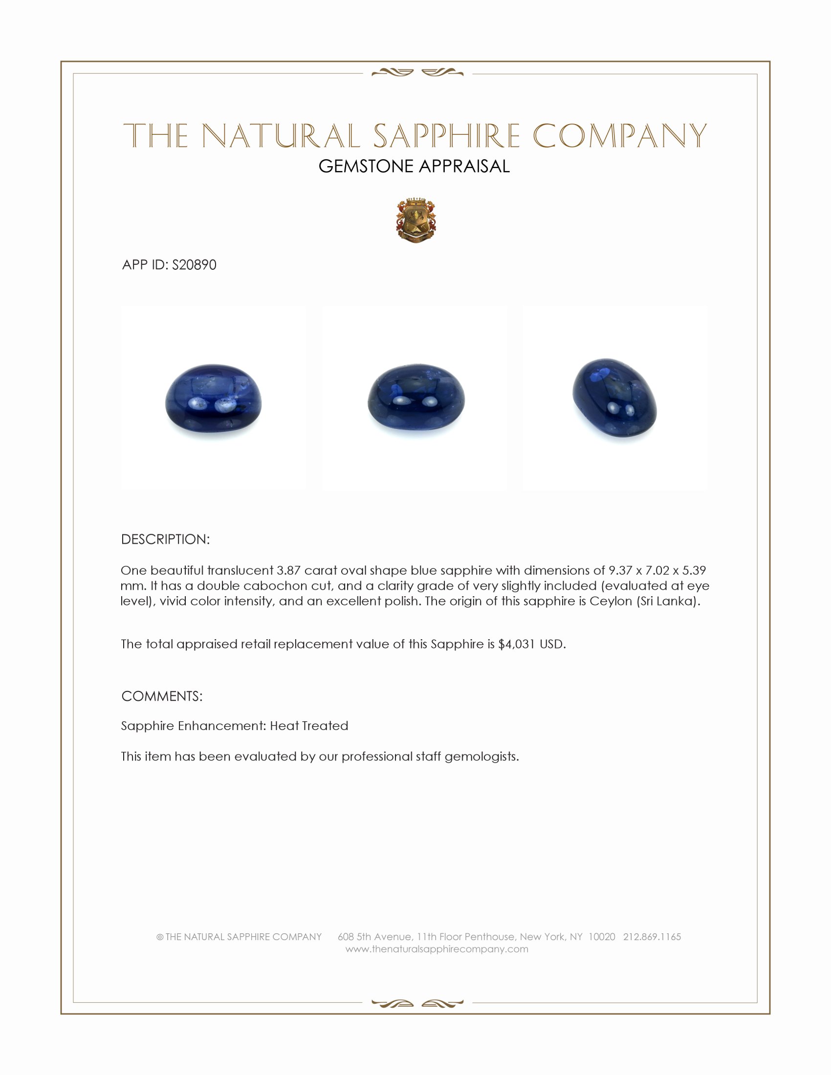 3.87 Ct. Blue Cabochon Sapphire from Ceylon (Sri Lanka)