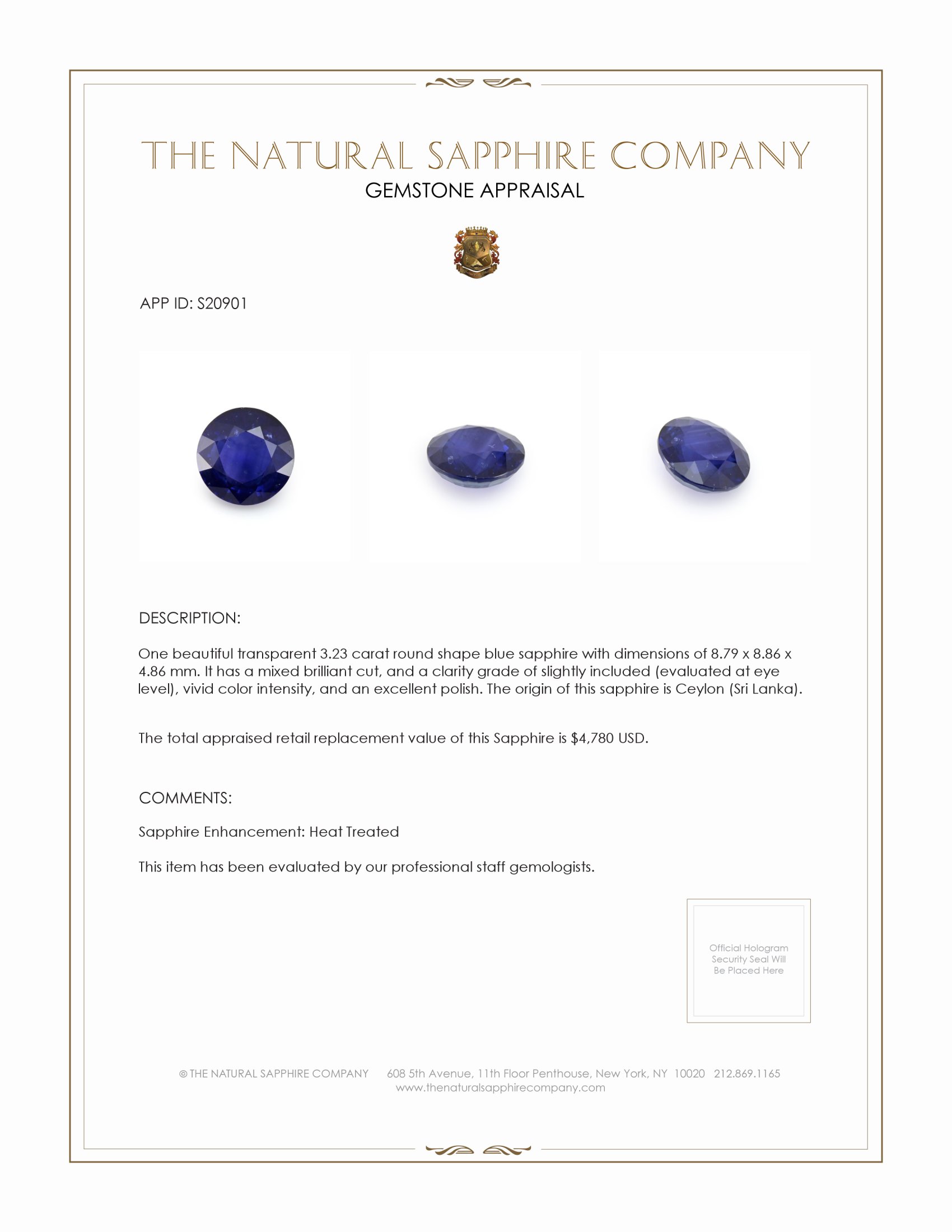 3.23 Ct. Blue Sapphire from Ceylon (Sri Lanka)