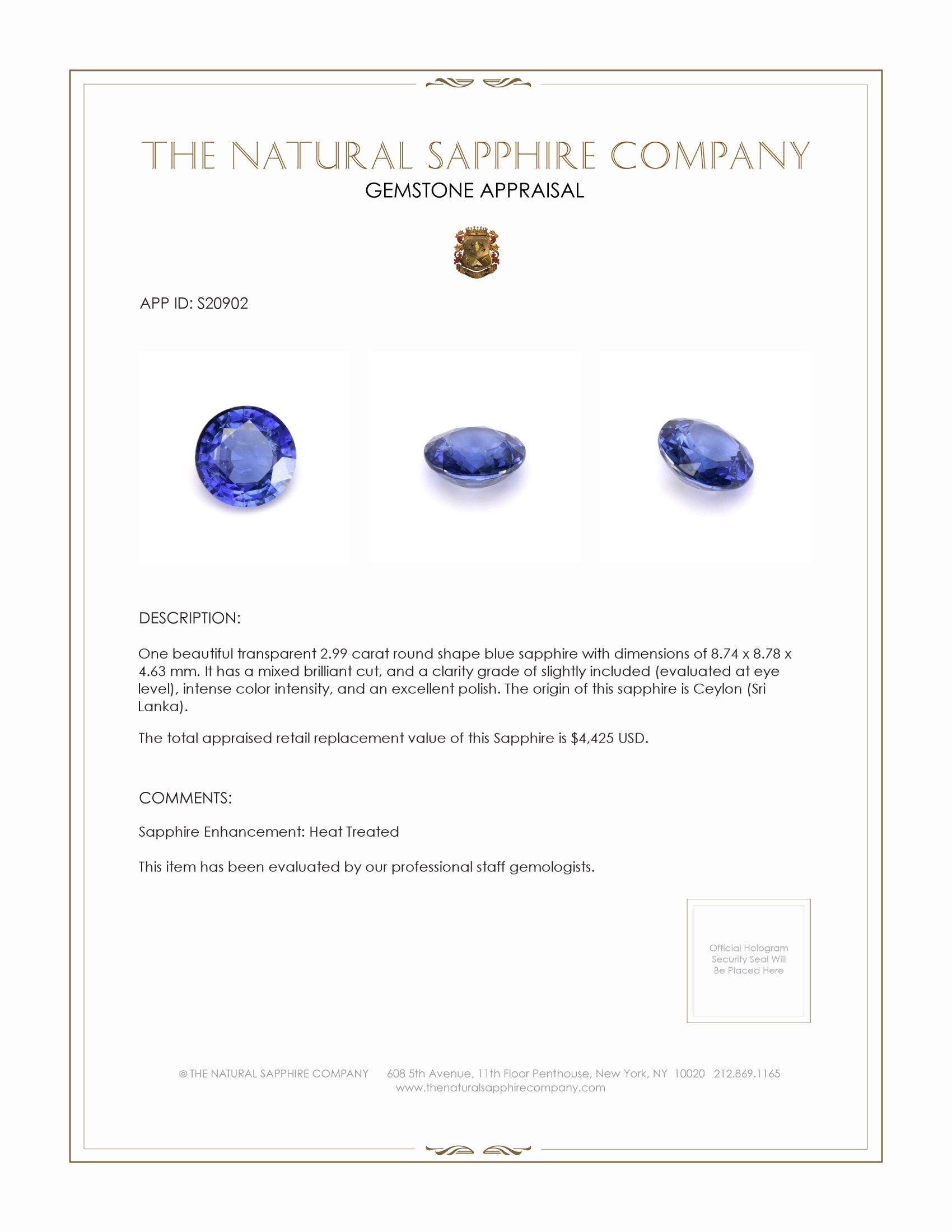 2.99 Ct. Blue Sapphire from Ceylon (Sri Lanka)