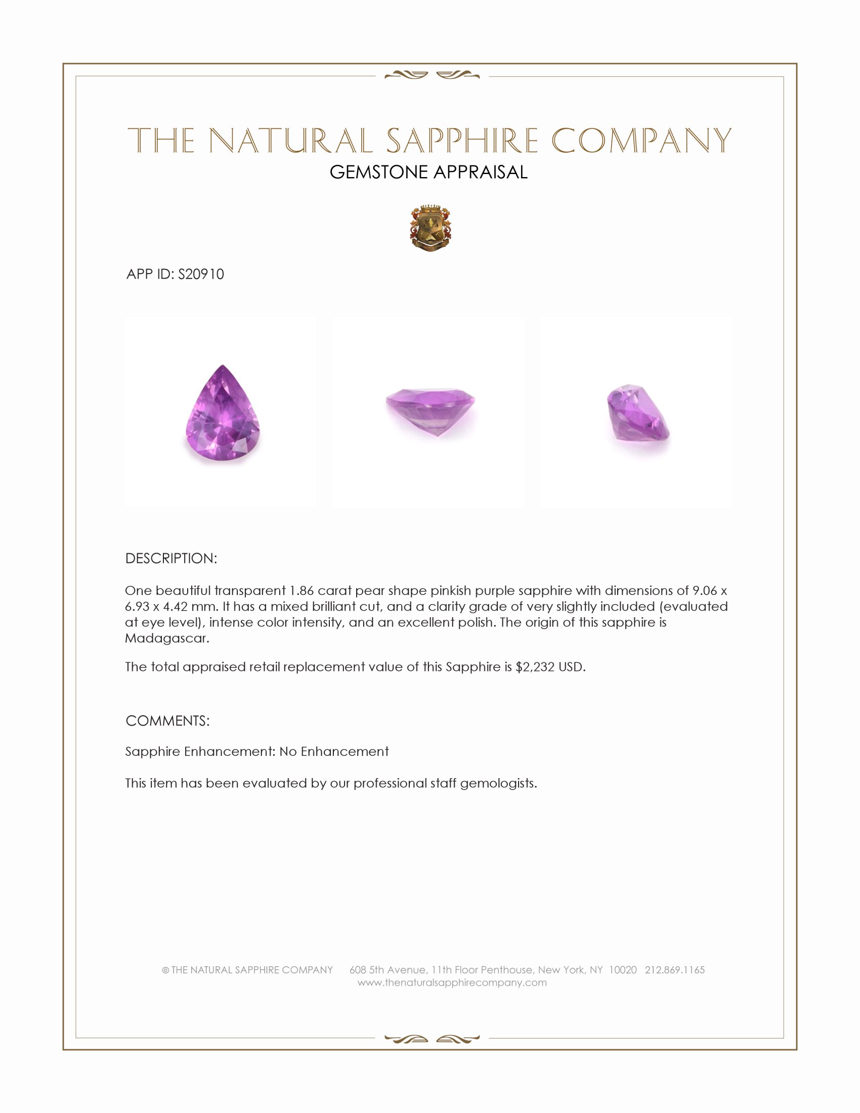 1.86 Ct. Pinkish Purple Sapphire from Madagascar
