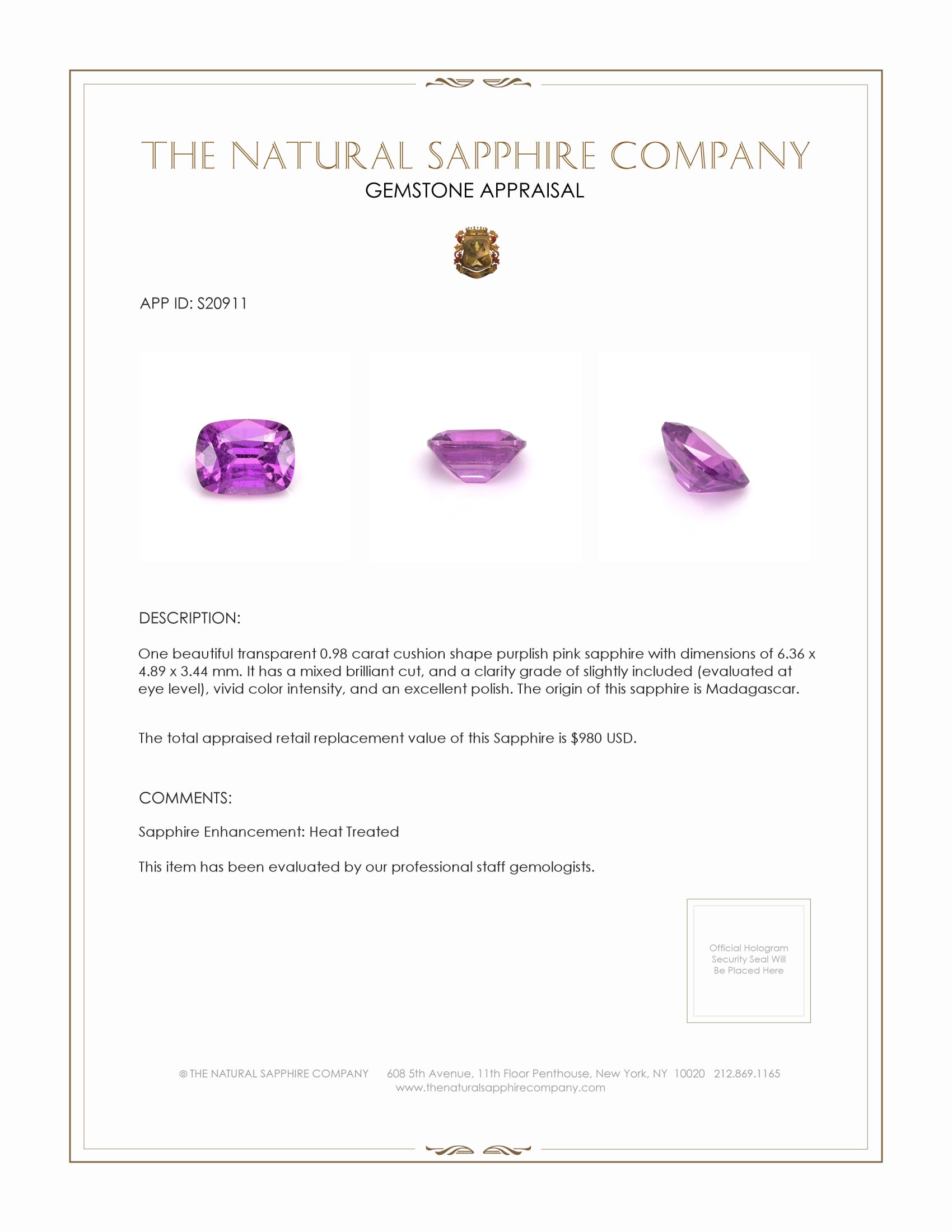 0.98 Ct. Purplish Pink Sapphire from Madagascar