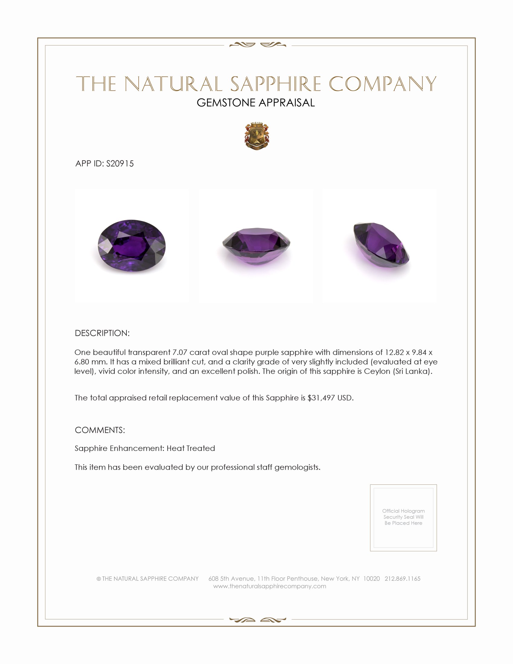 7.07 Ct. Purple Sapphire from Ceylon (Sri Lanka)