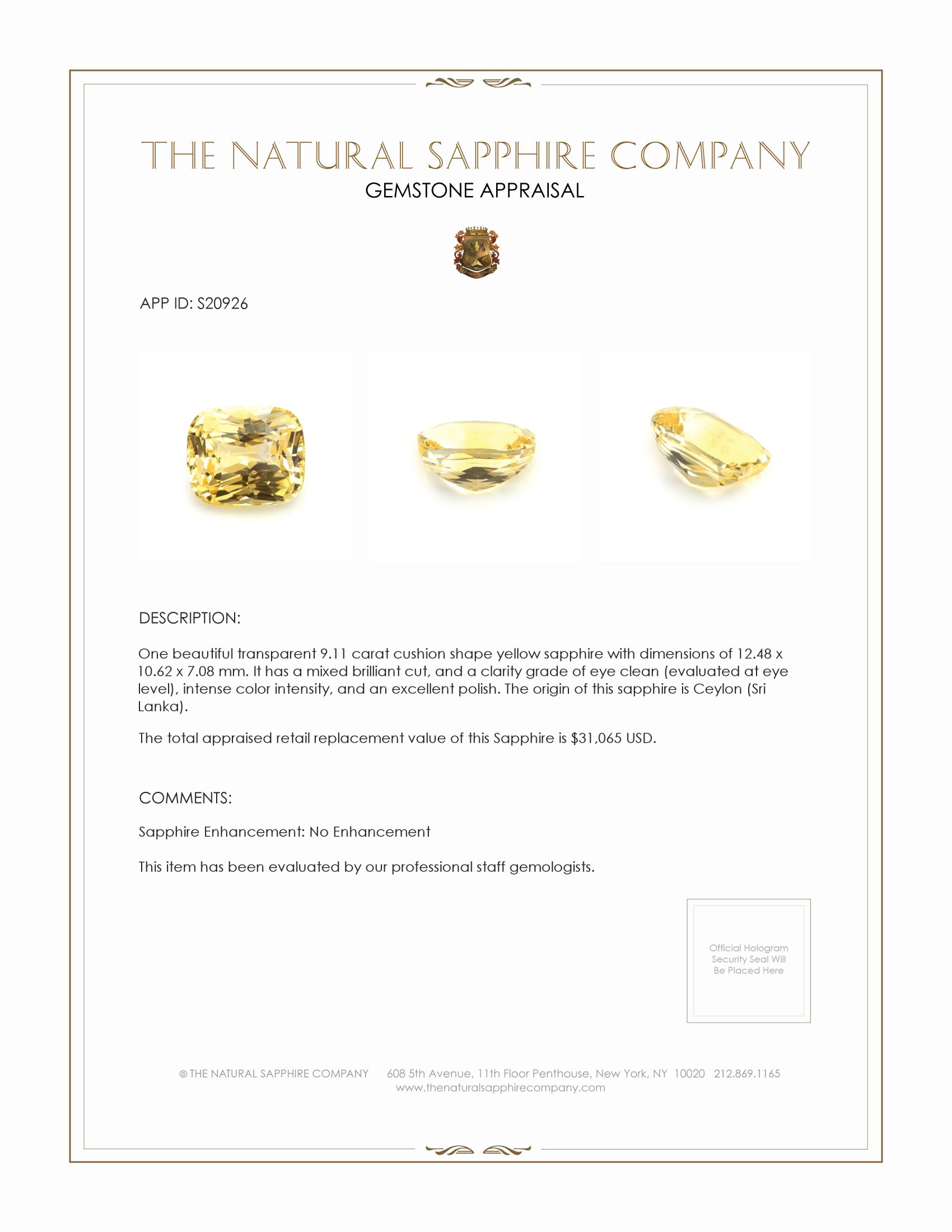 9.11 Ct. Yellow Sapphire from Ceylon (Sri Lanka)