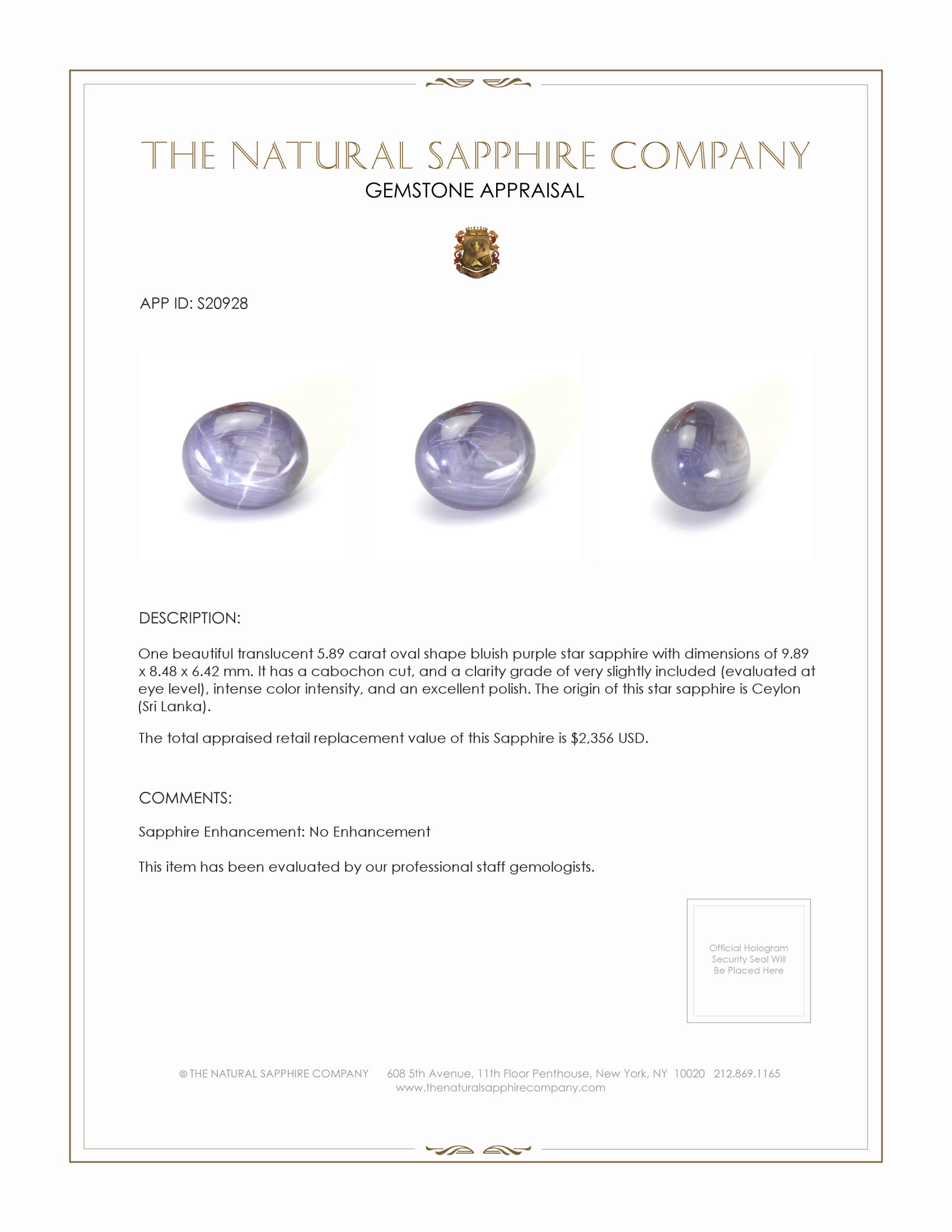5.89 Ct. Bluish Purple Star Sapphire from Ceylon (Sri Lanka)