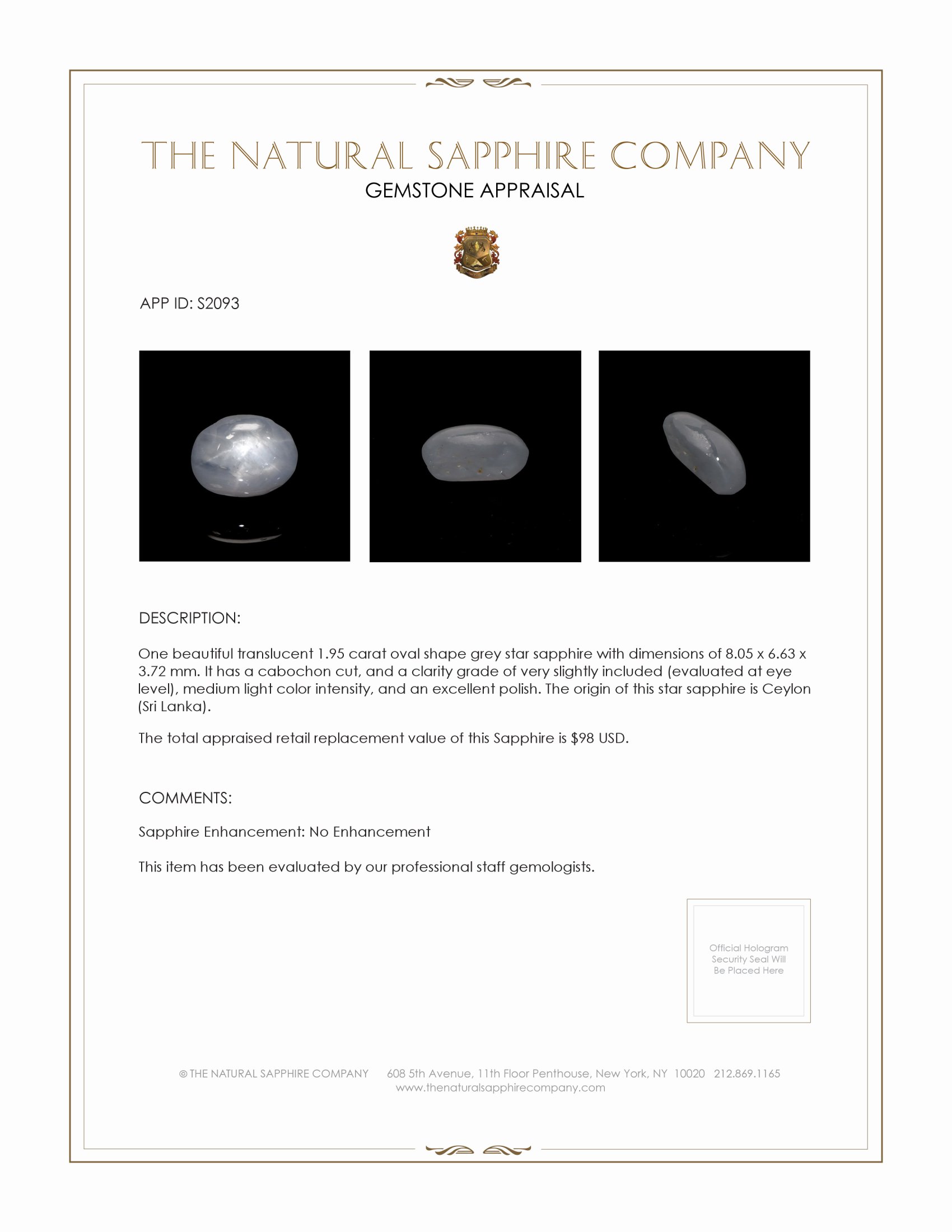 1.95 Ct. Grey Star Sapphire from Ceylon (Sri Lanka)