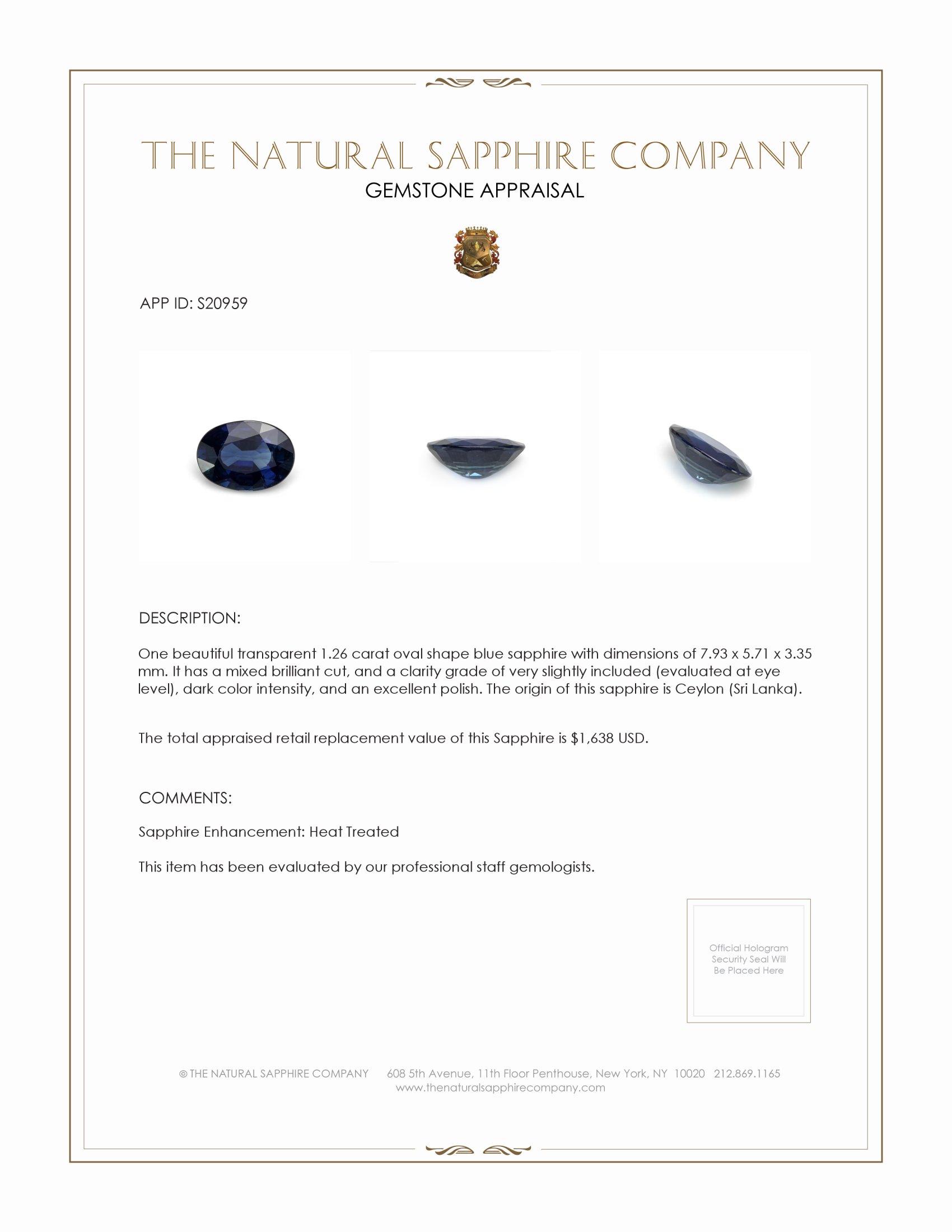 1.26 Ct. Blue Sapphire from Ceylon (Sri Lanka)