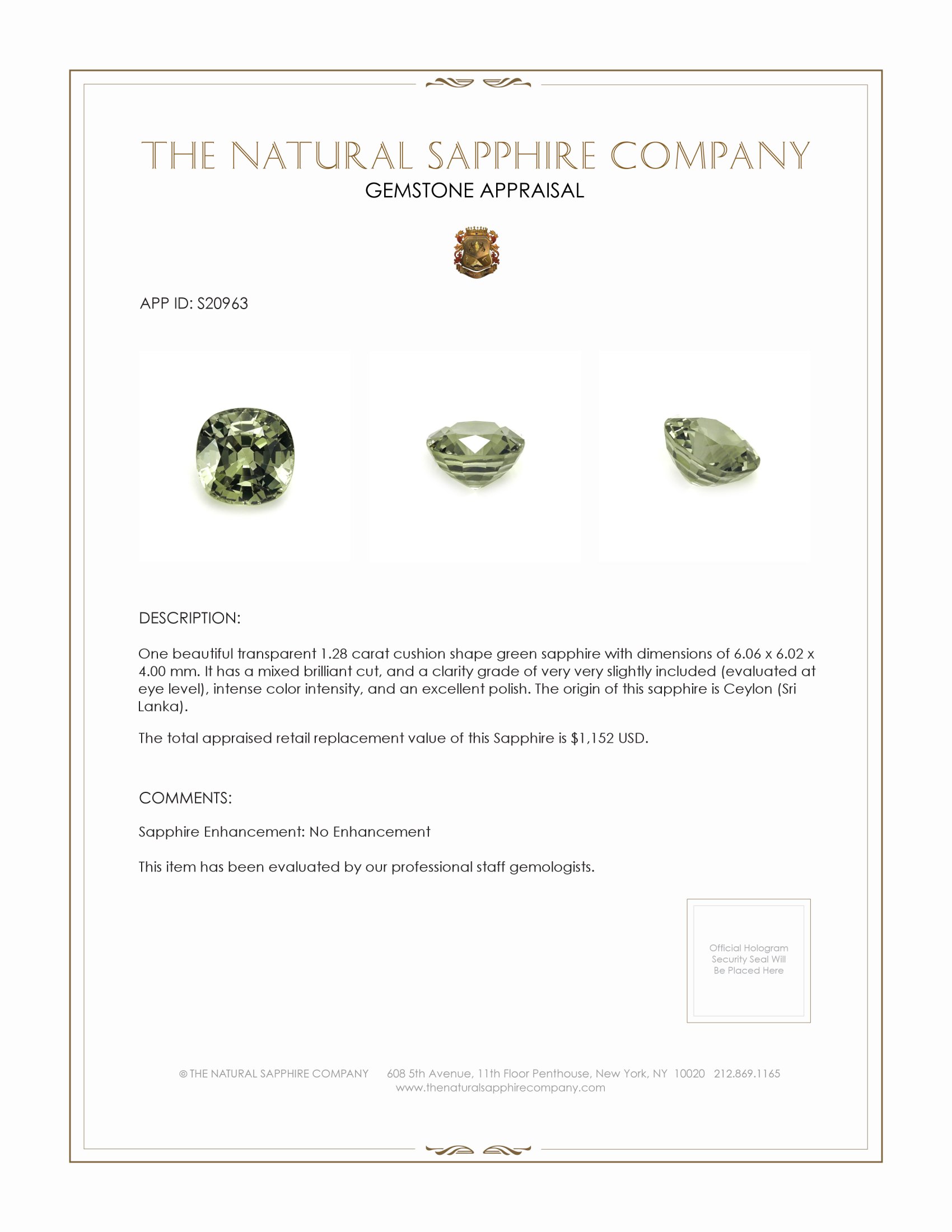 1.28 Ct. Green Sapphire from Ceylon (Sri Lanka)