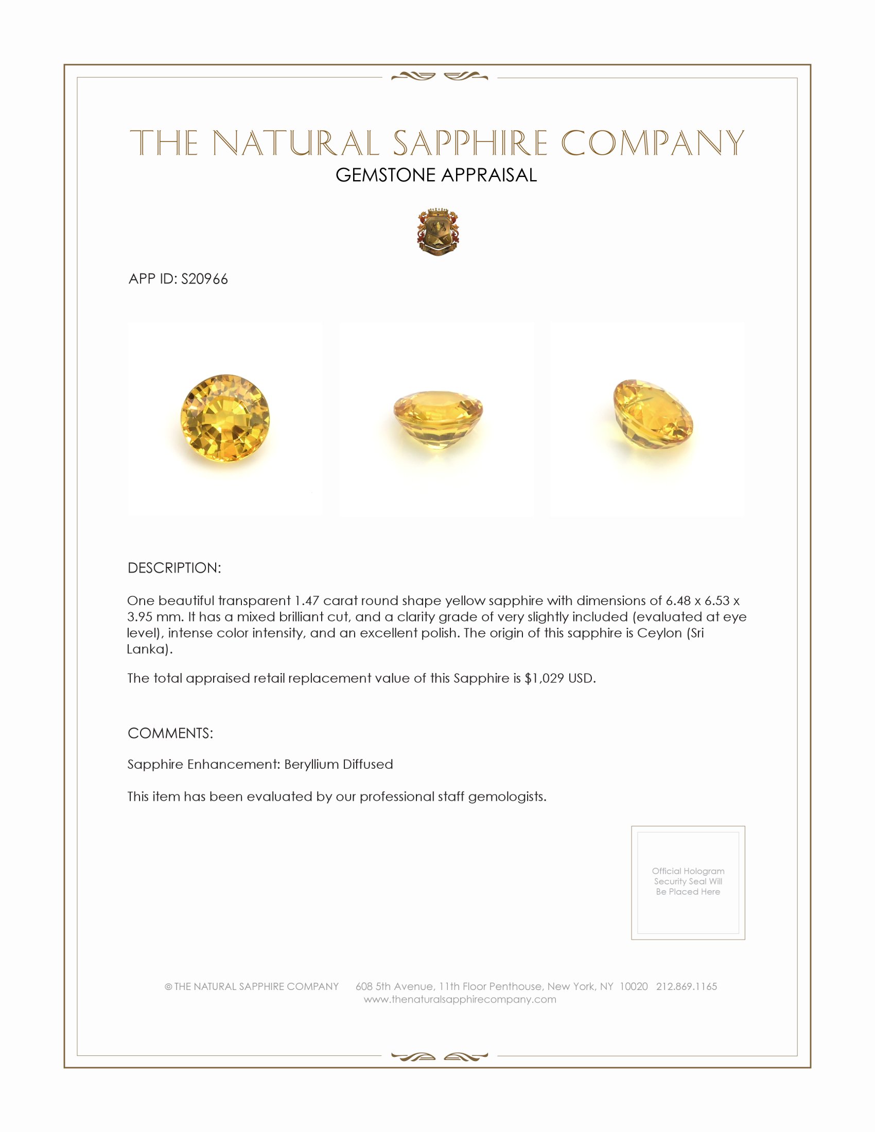 1.47 Ct. Yellow Sapphire from Ceylon (Sri Lanka)