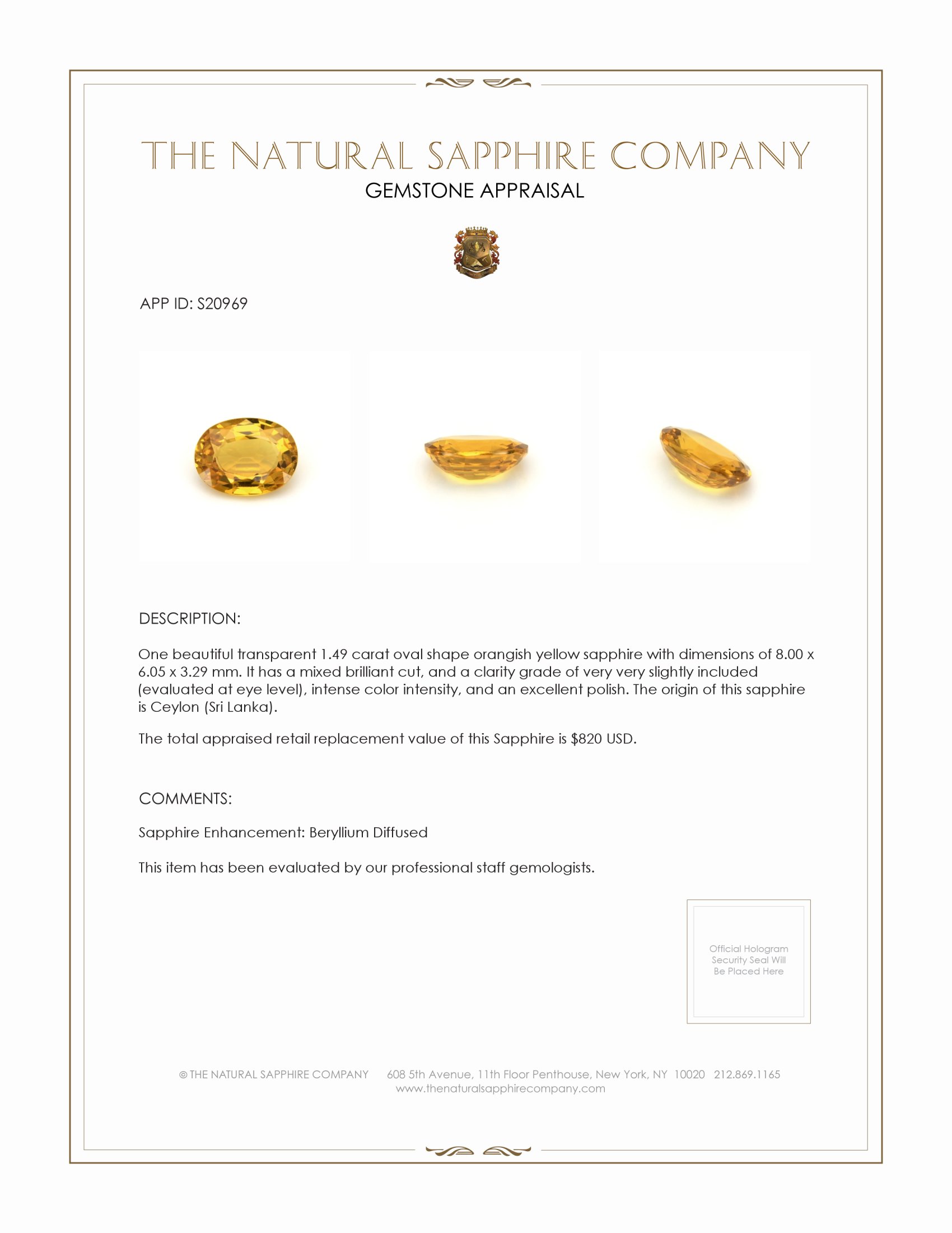 1.49 Ct. Orangish Yellow Sapphire from Ceylon (Sri Lanka)