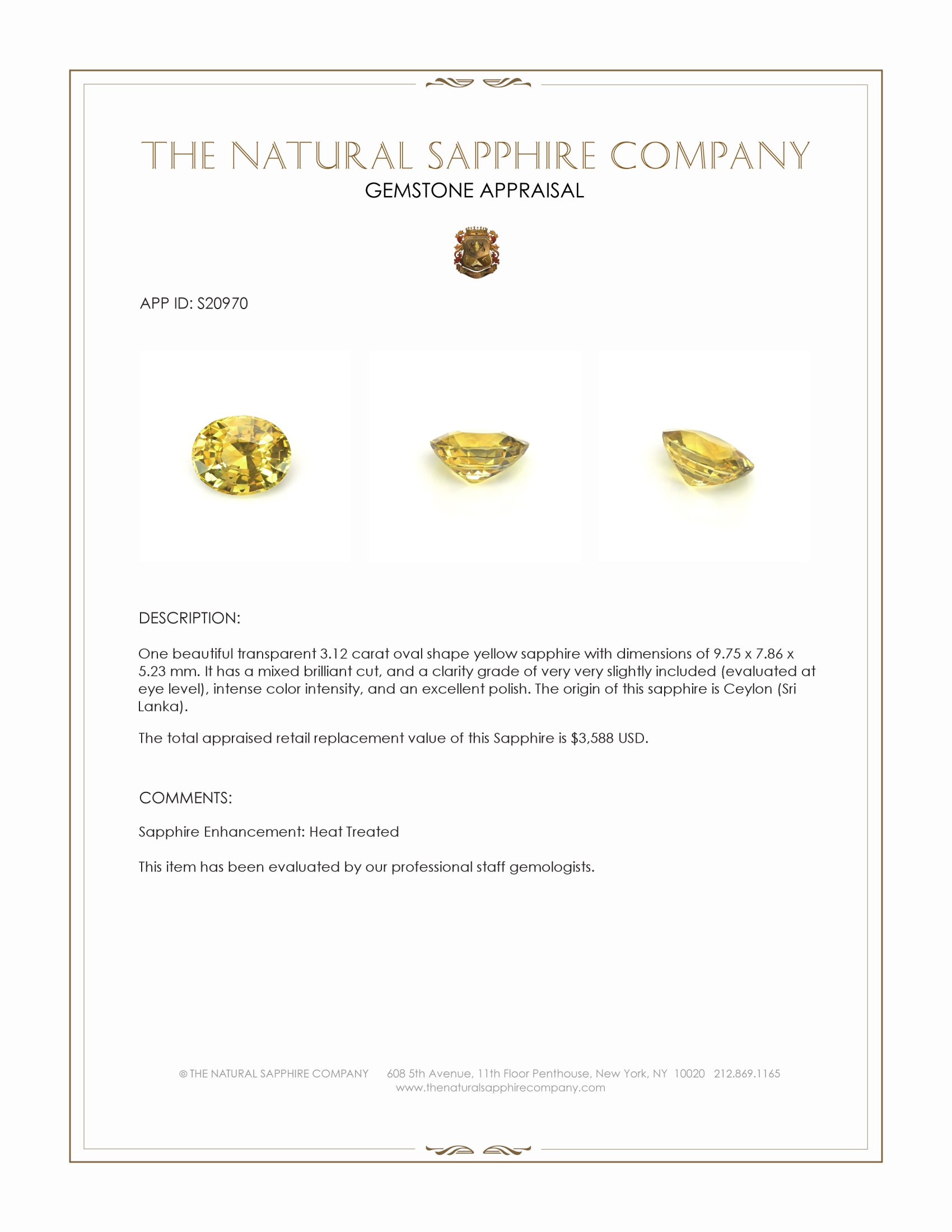 3.12 Ct. Yellow Sapphire from Ceylon (Sri Lanka)