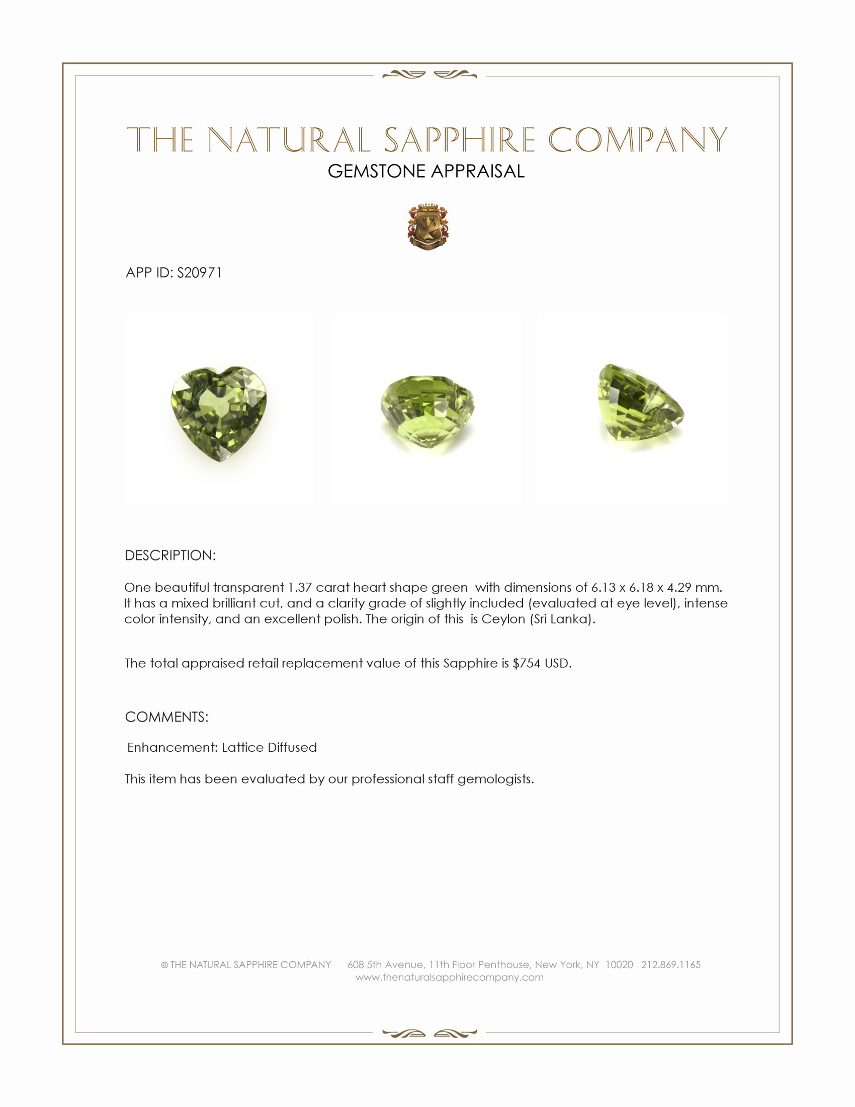 1.37 Ct. Green Sapphire from Ceylon (Sri Lanka)