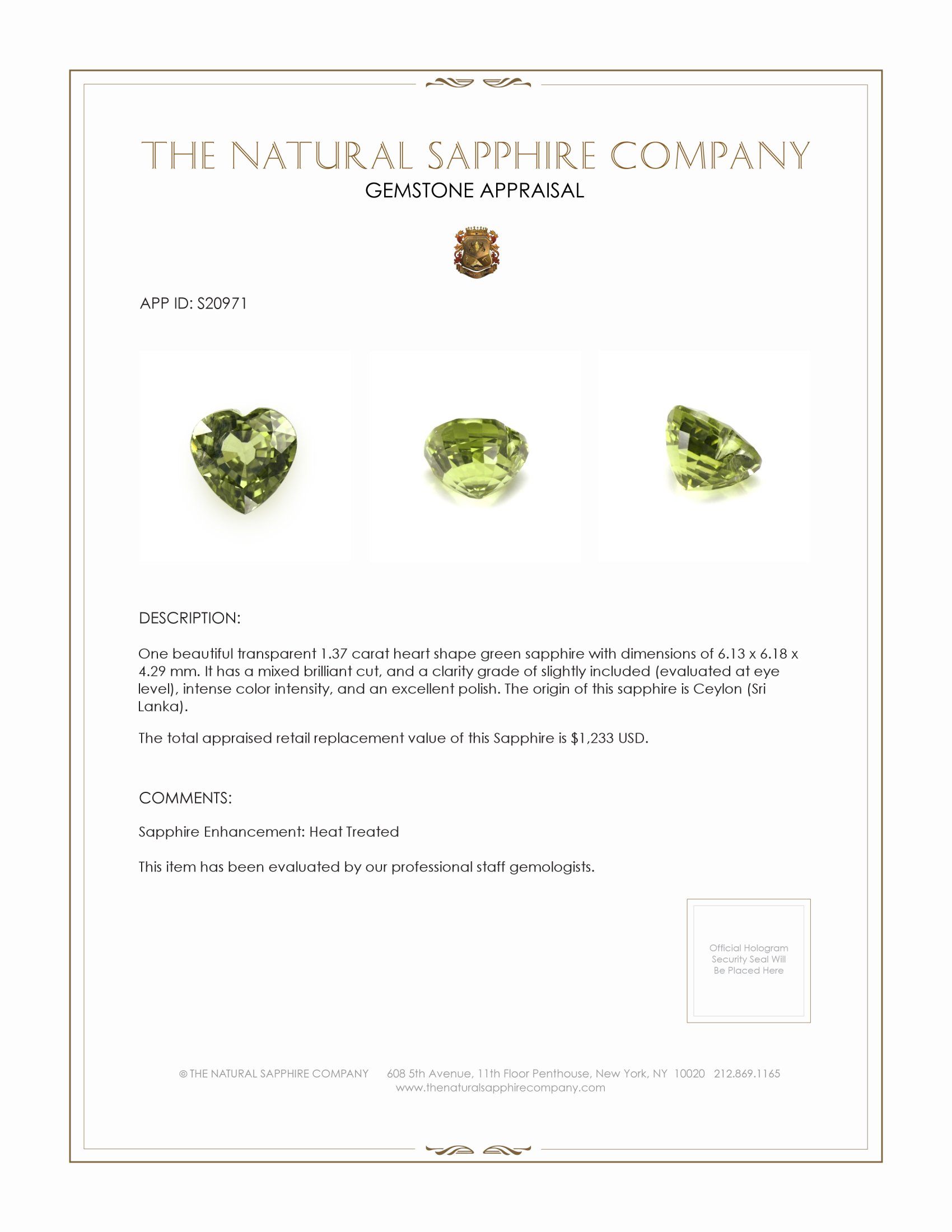 1.37 Ct. Green Sapphire from Ceylon (Sri Lanka)