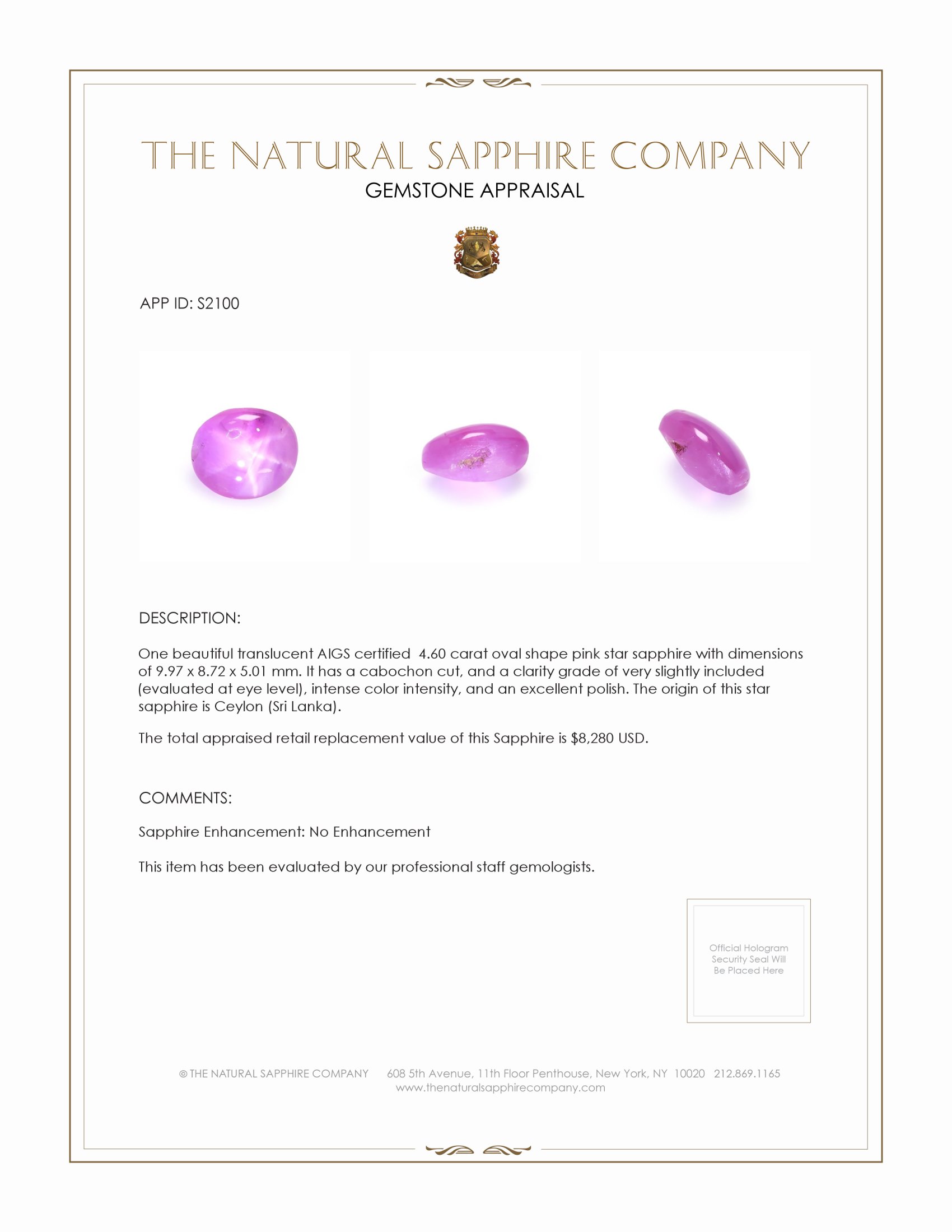 4.60 Ct. Pink Star Sapphire from Ceylon (Sri Lanka)