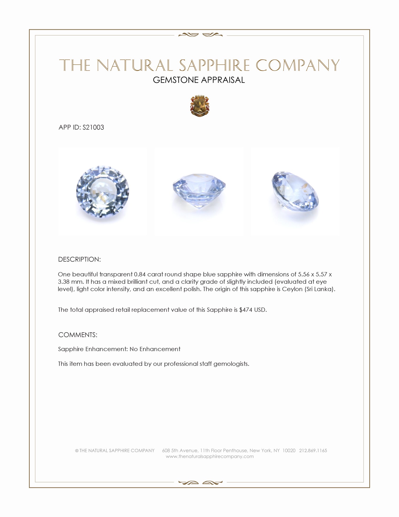 0.84 Ct. Blue Sapphire from Ceylon (Sri Lanka)