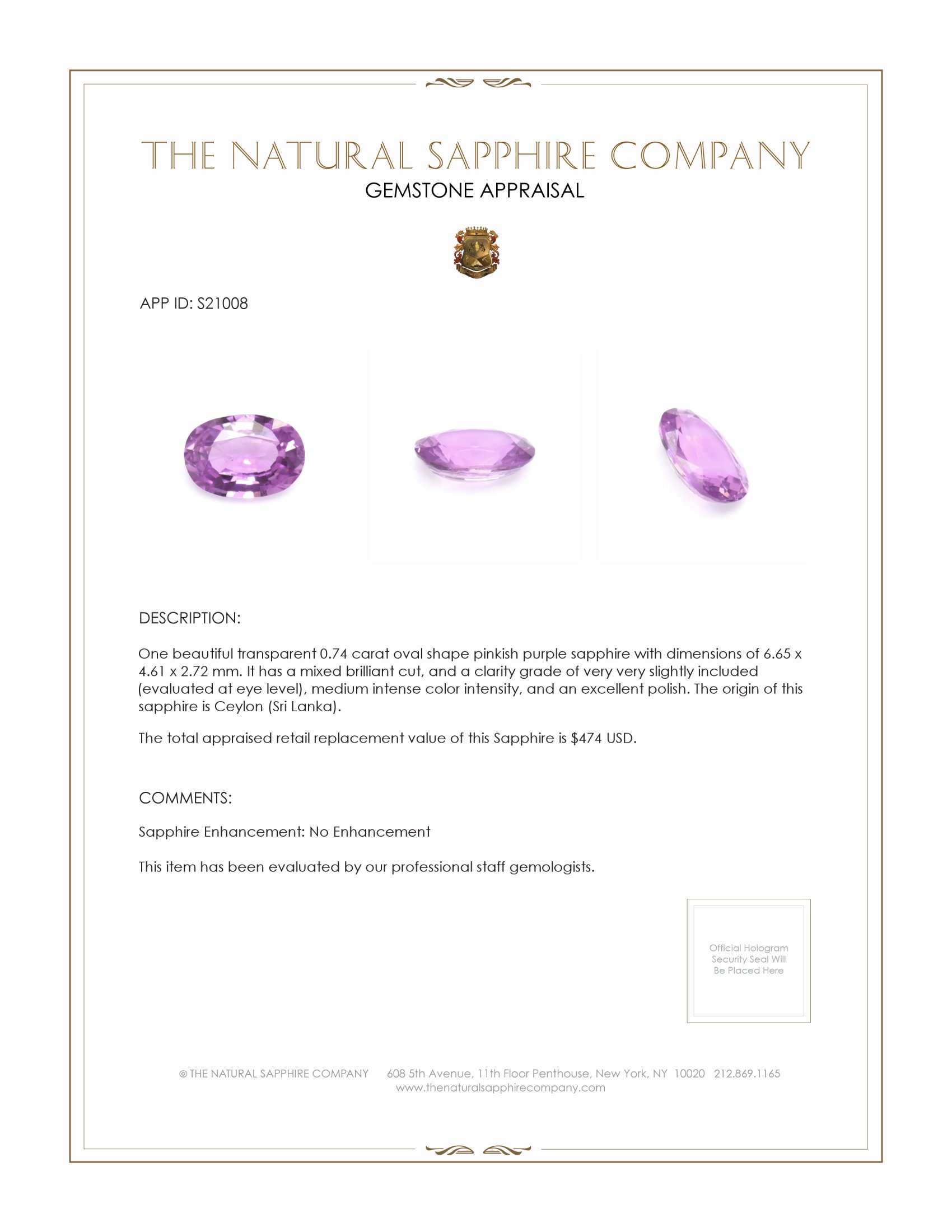 0.74 Ct. Pinkish Purple Sapphire from Ceylon (Sri Lanka)