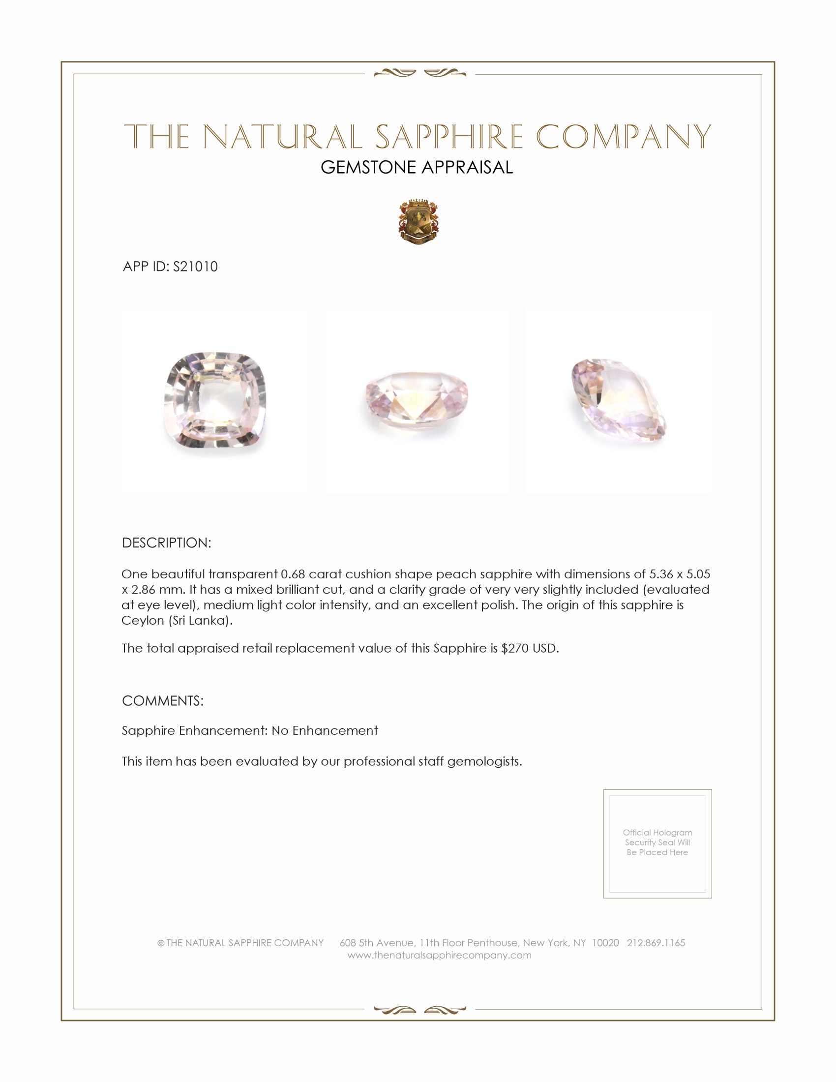 0.68 Ct. Peach Sapphire from Ceylon (Sri Lanka)