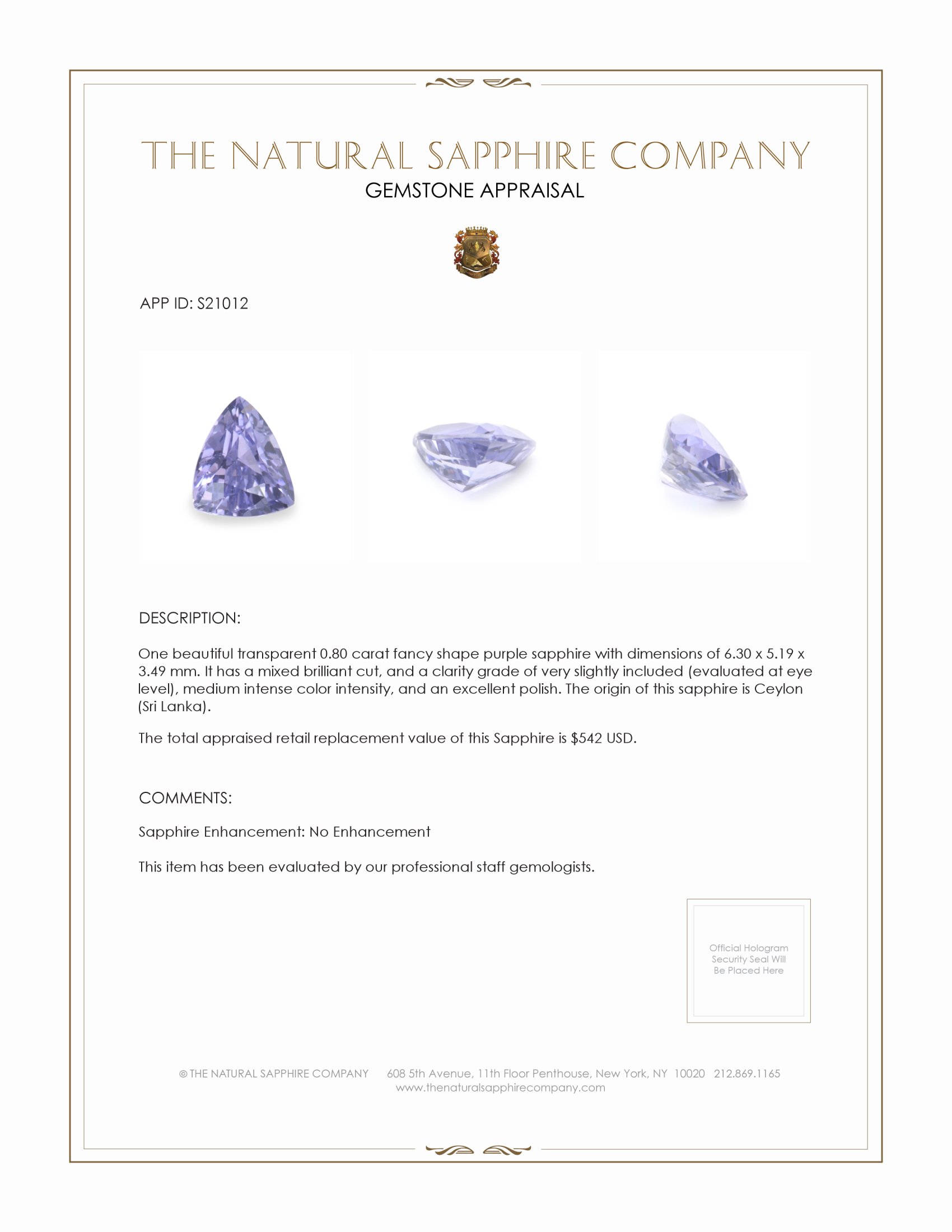 0.80 Ct. Purple Sapphire from Ceylon (Sri Lanka)