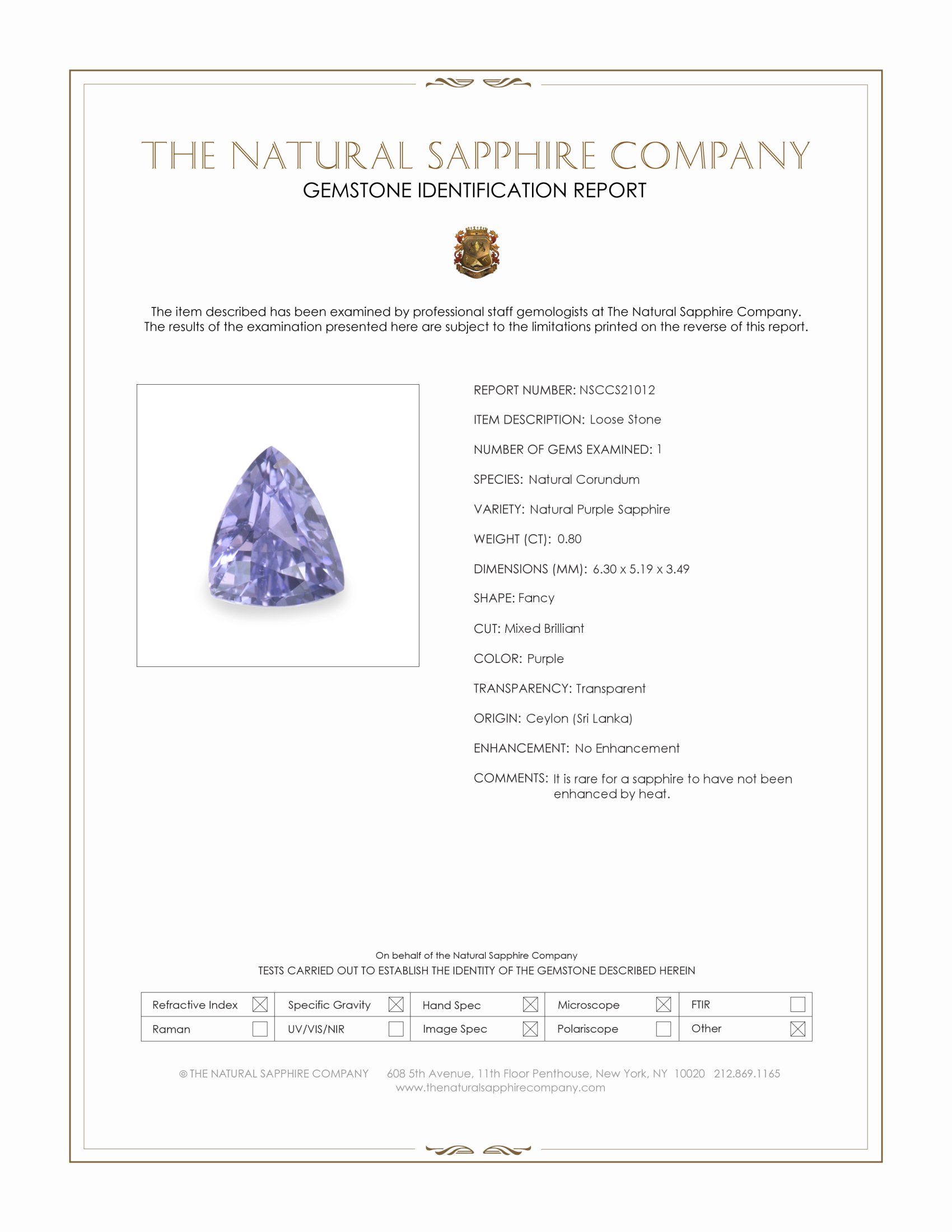0.80 Ct. Purple Sapphire from Ceylon (Sri Lanka)