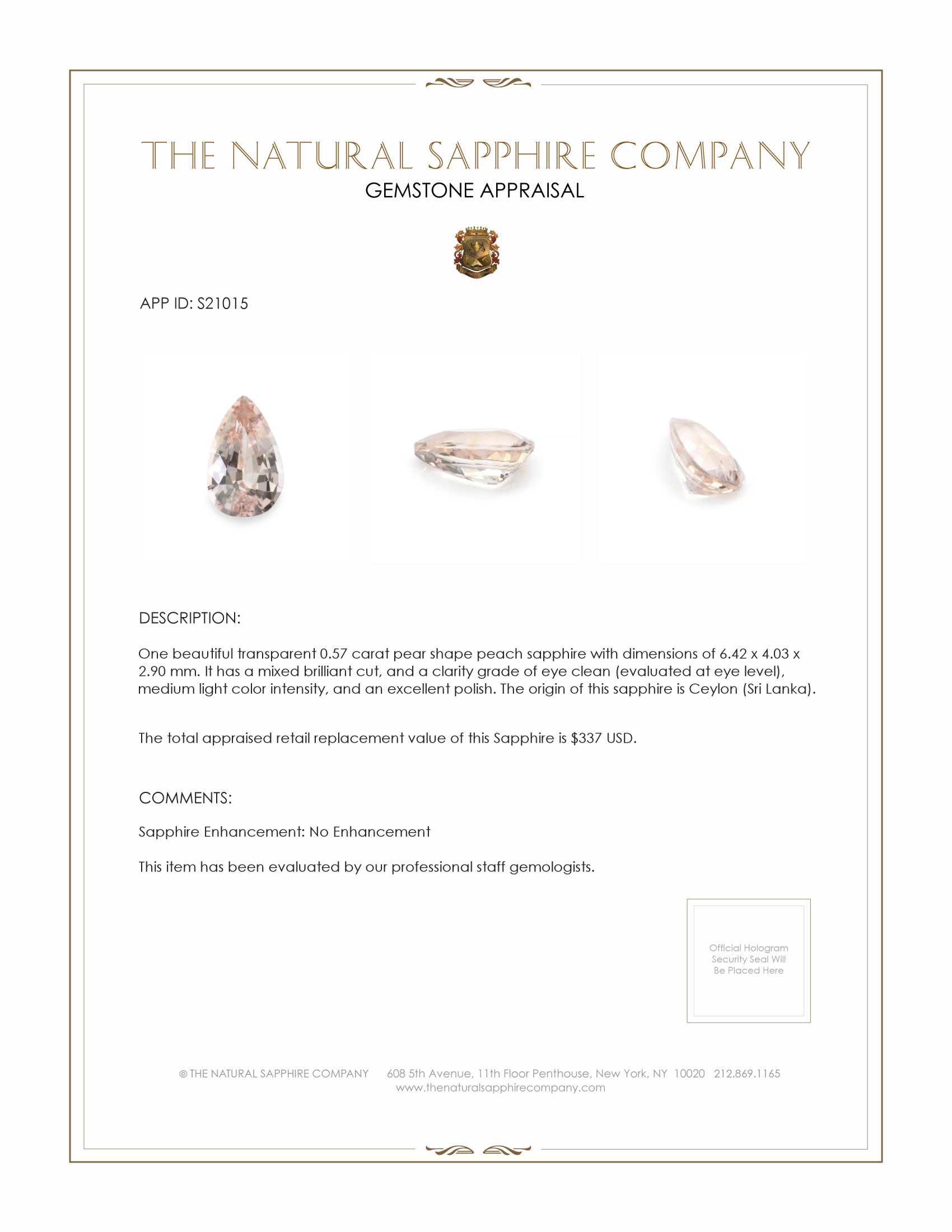 0.57 Ct. Peach Sapphire from Ceylon (Sri Lanka)