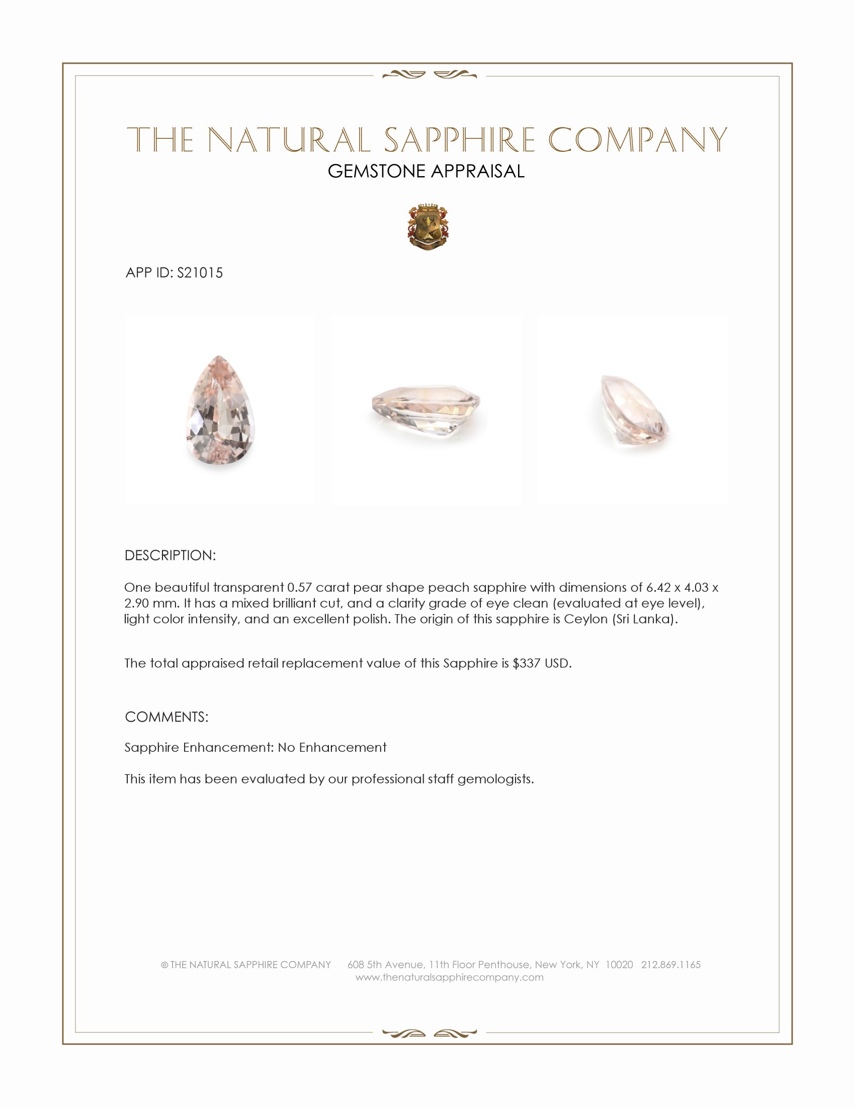 0.57 Ct. Peach Sapphire from Ceylon (Sri Lanka)
