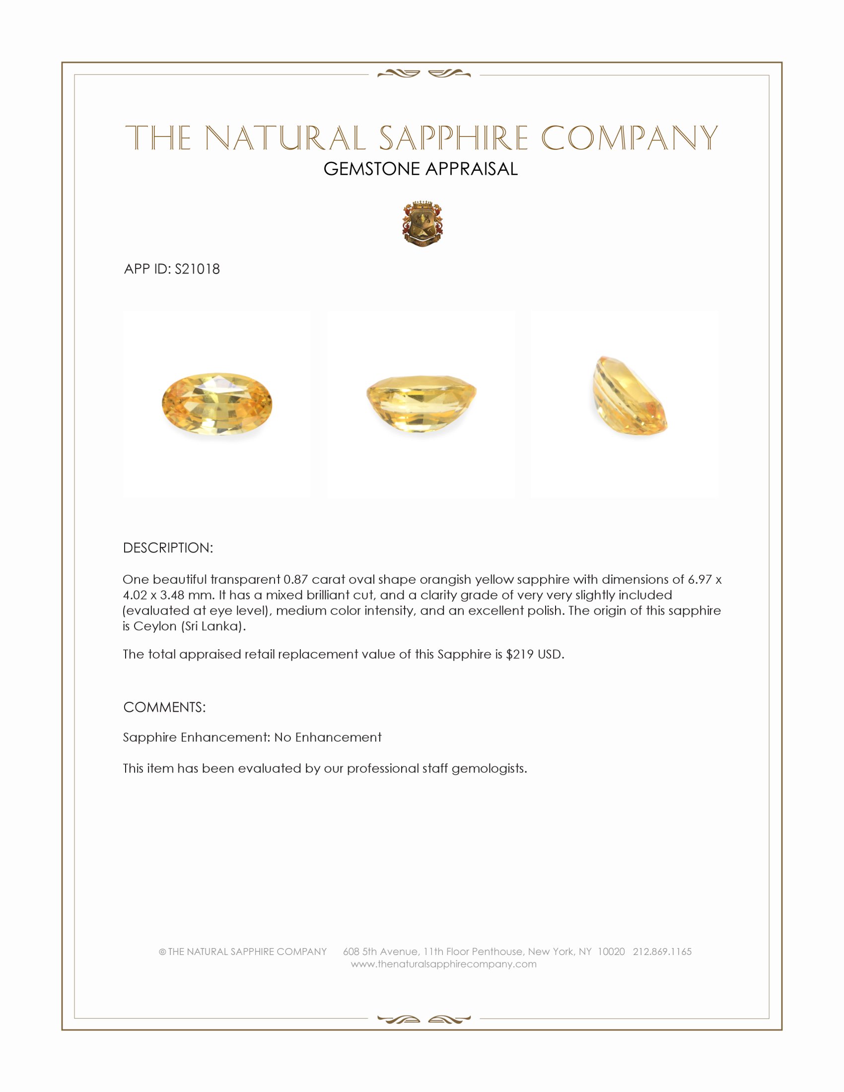 0.87 Ct. Orangish Yellow Sapphire from Ceylon (Sri Lanka)