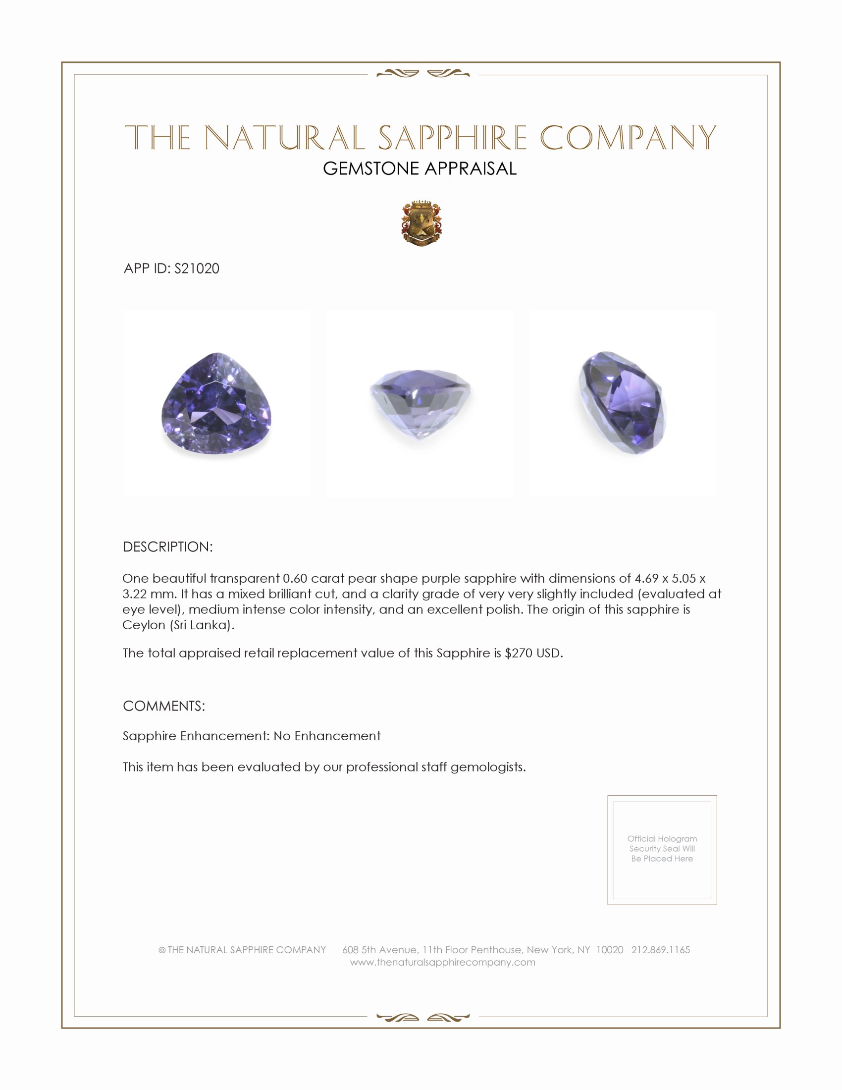 0.60 Ct. Purple Sapphire from Ceylon (Sri Lanka)