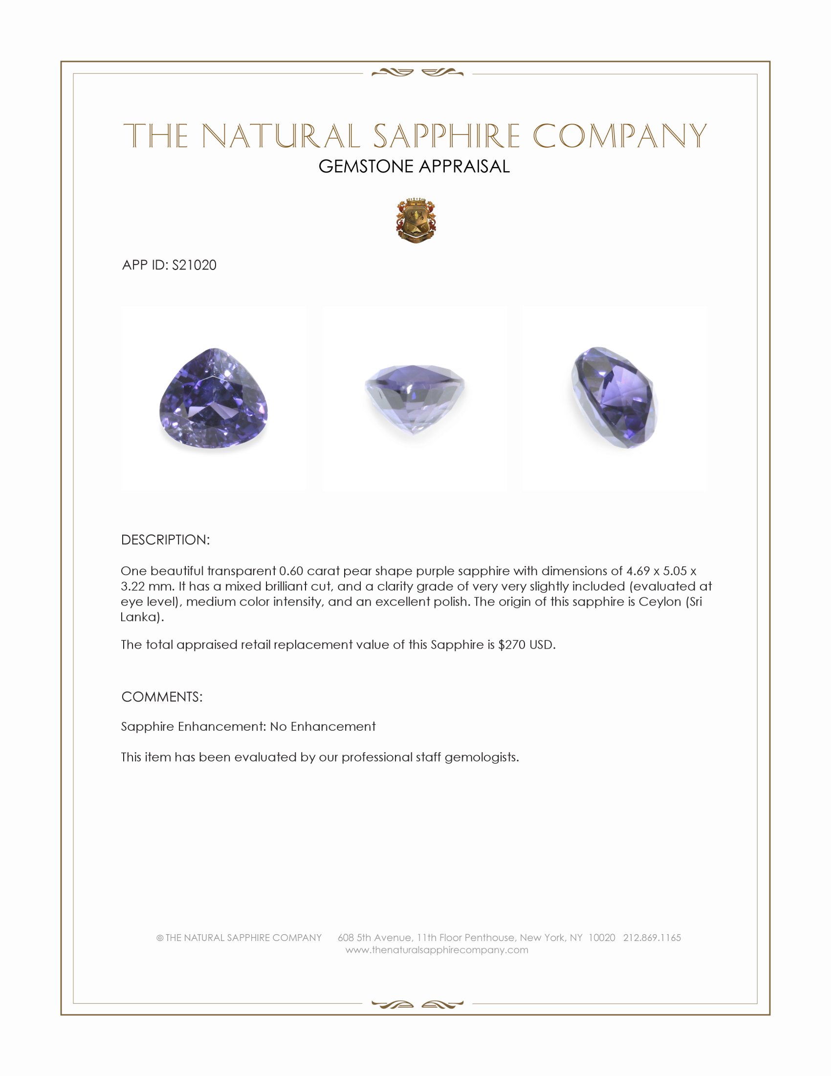 0.60 Ct. Purple Sapphire from Ceylon (Sri Lanka)