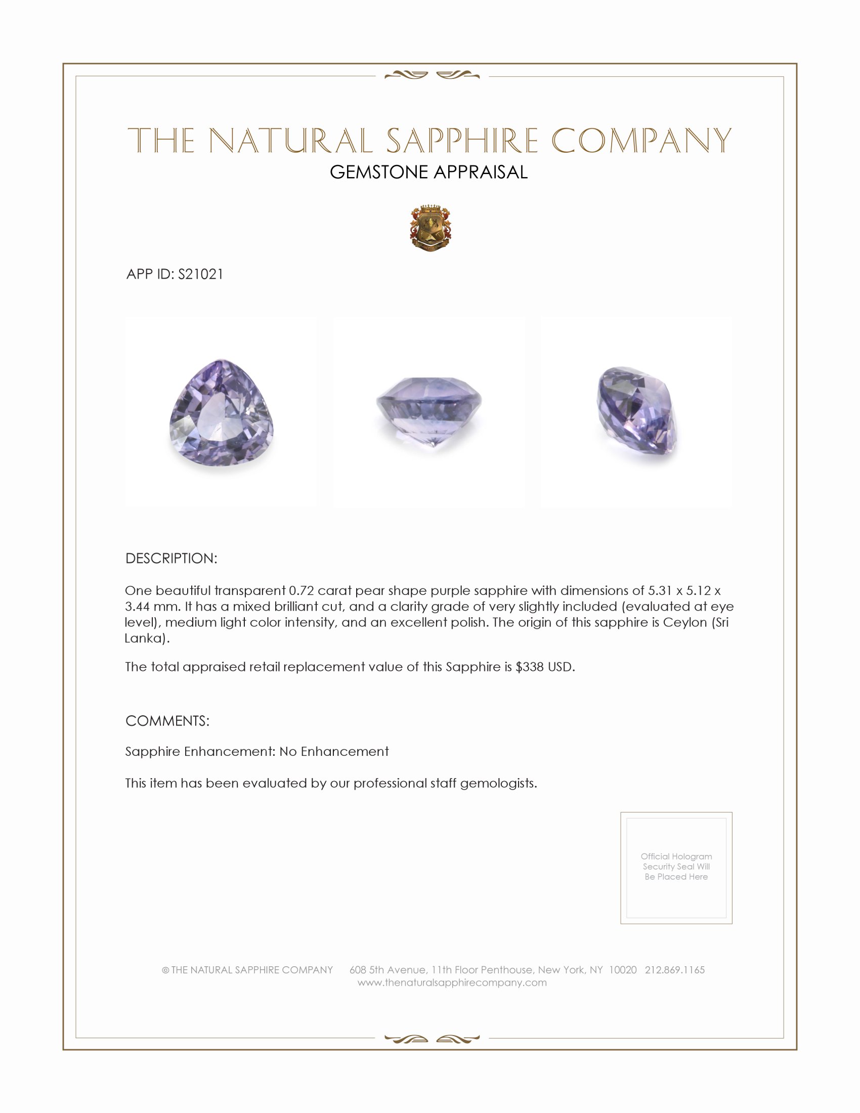 0.72 Ct. Purple Sapphire from Ceylon (Sri Lanka)