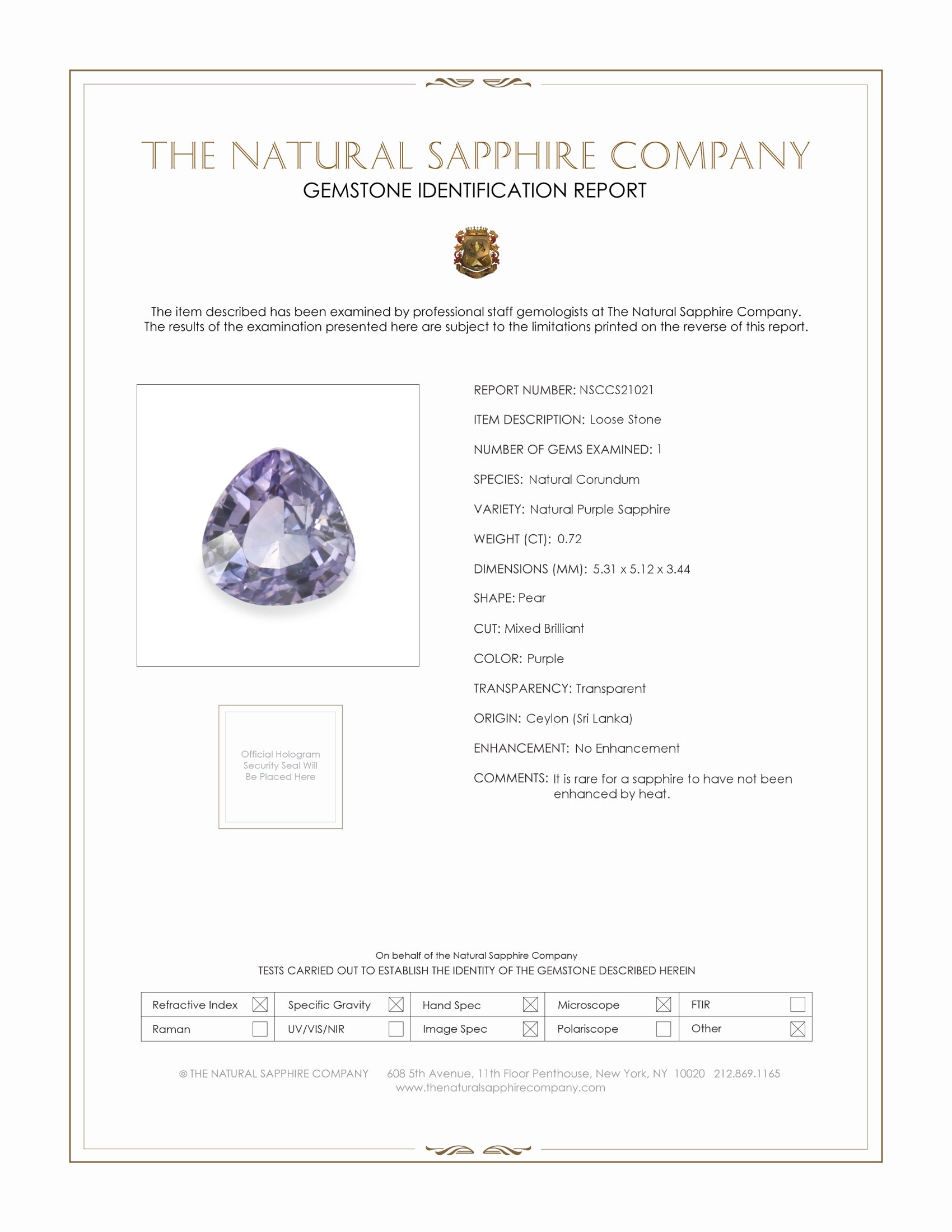 0.72 Ct. Purple Sapphire from Ceylon (Sri Lanka)