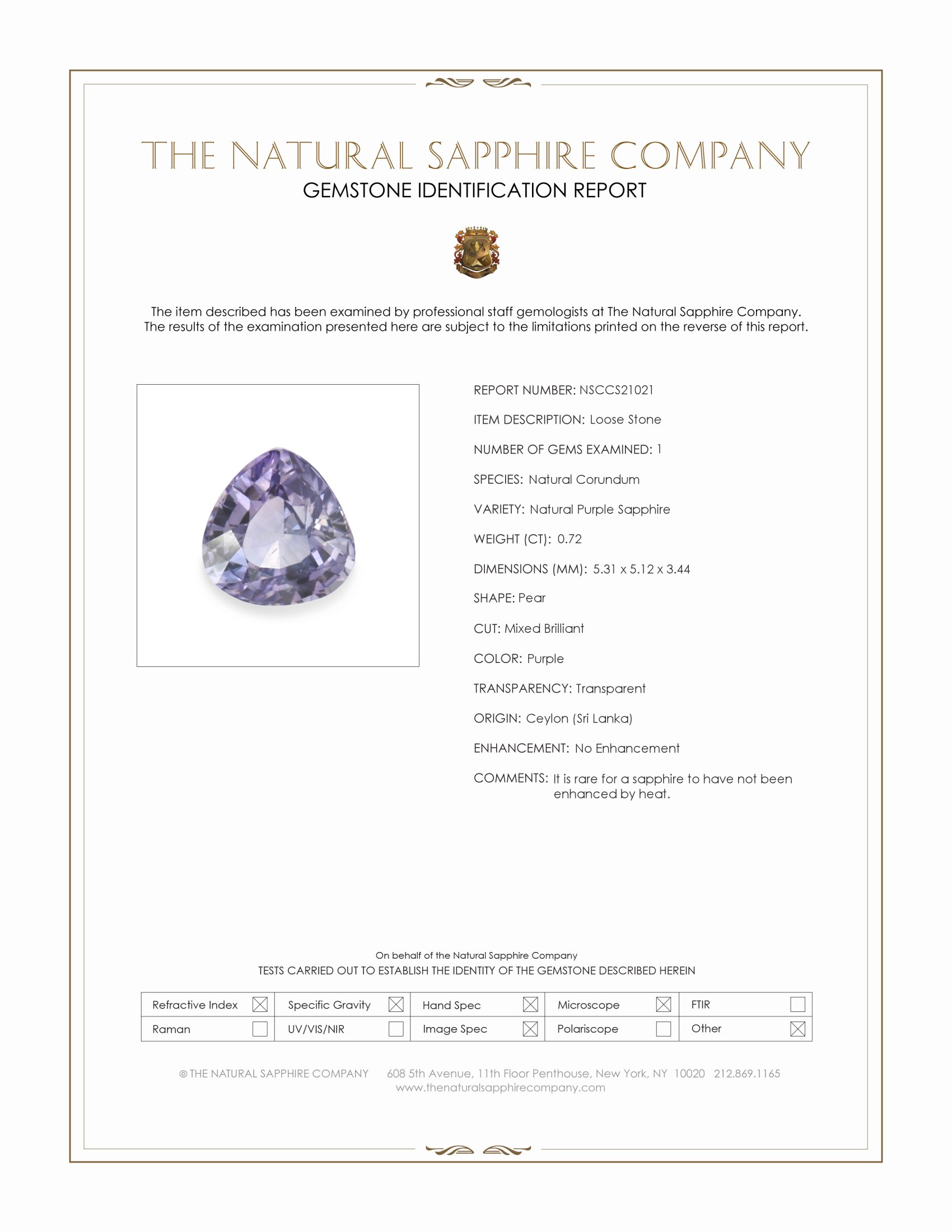 0.72 Ct. Purple Sapphire from Ceylon (Sri Lanka)