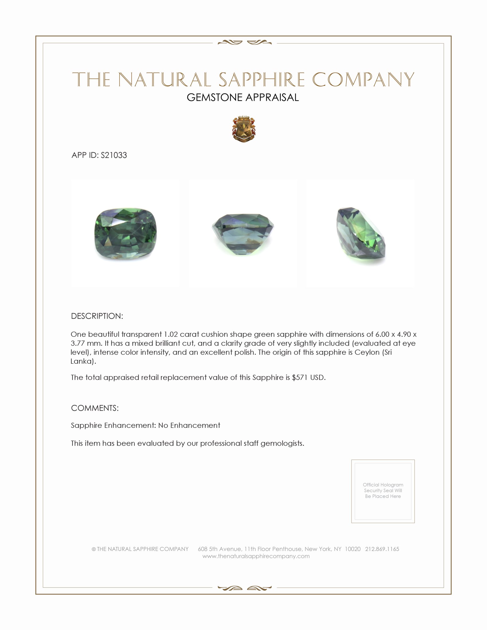 1.02 Ct. Green Sapphire from Ceylon (Sri Lanka)