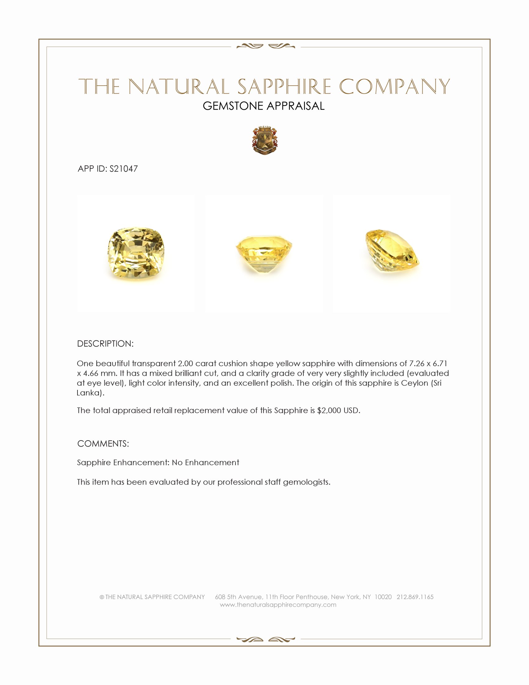 2.00 Ct. Yellow Sapphire from Ceylon (Sri Lanka)