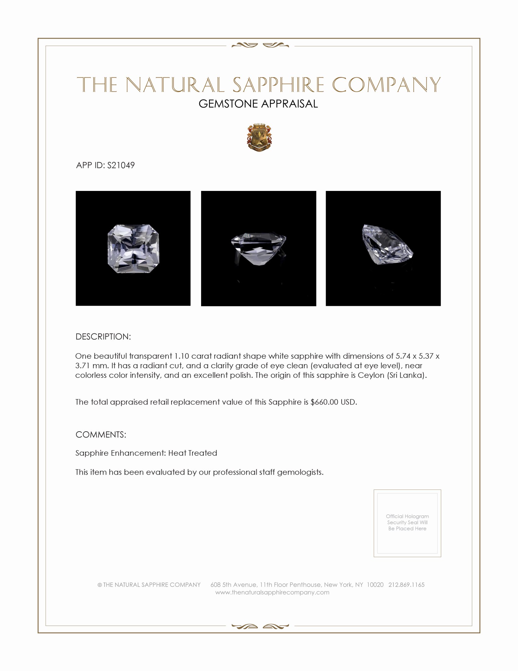 1.10 Ct. White Sapphire from Ceylon (Sri Lanka)