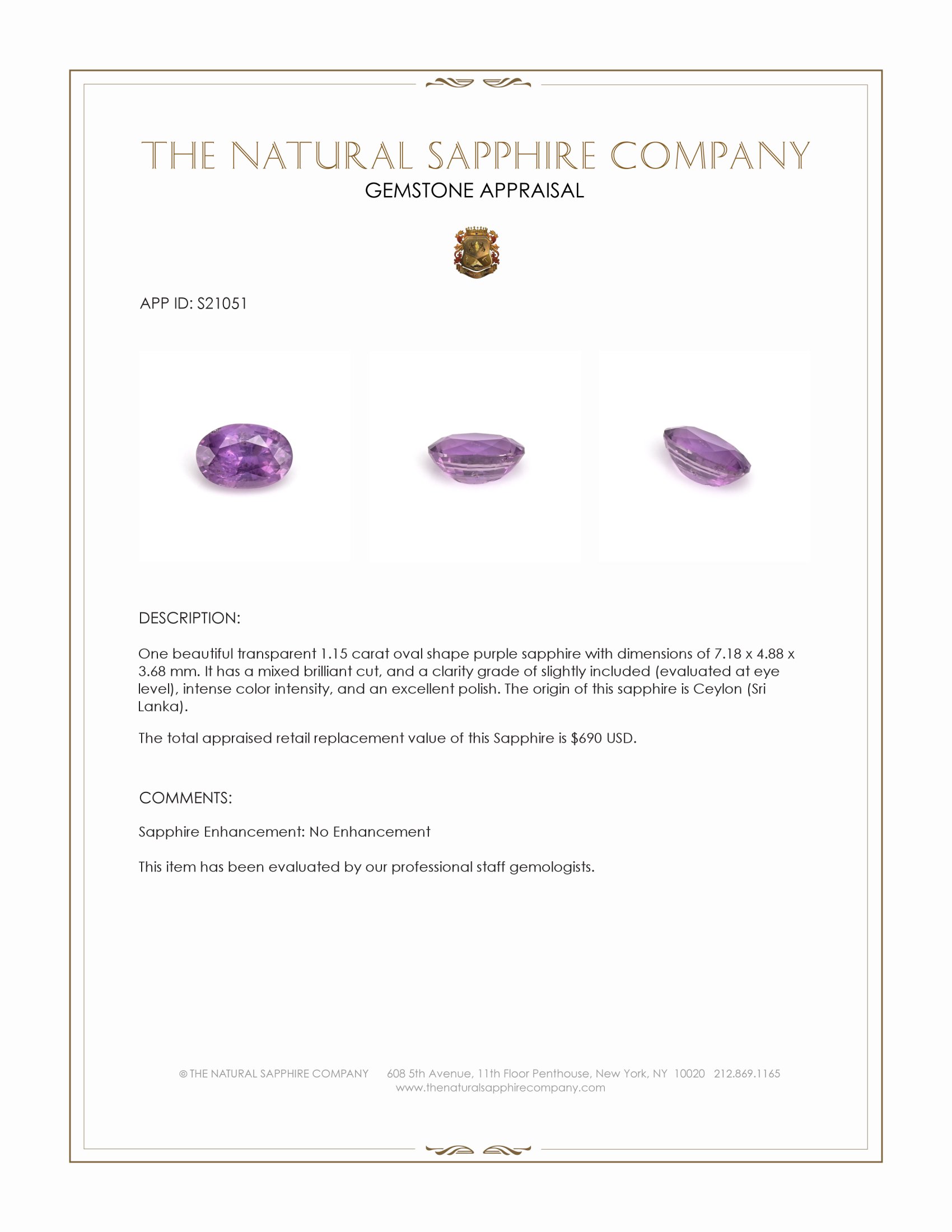 1.15 Ct. Purple Sapphire from Ceylon (Sri Lanka)