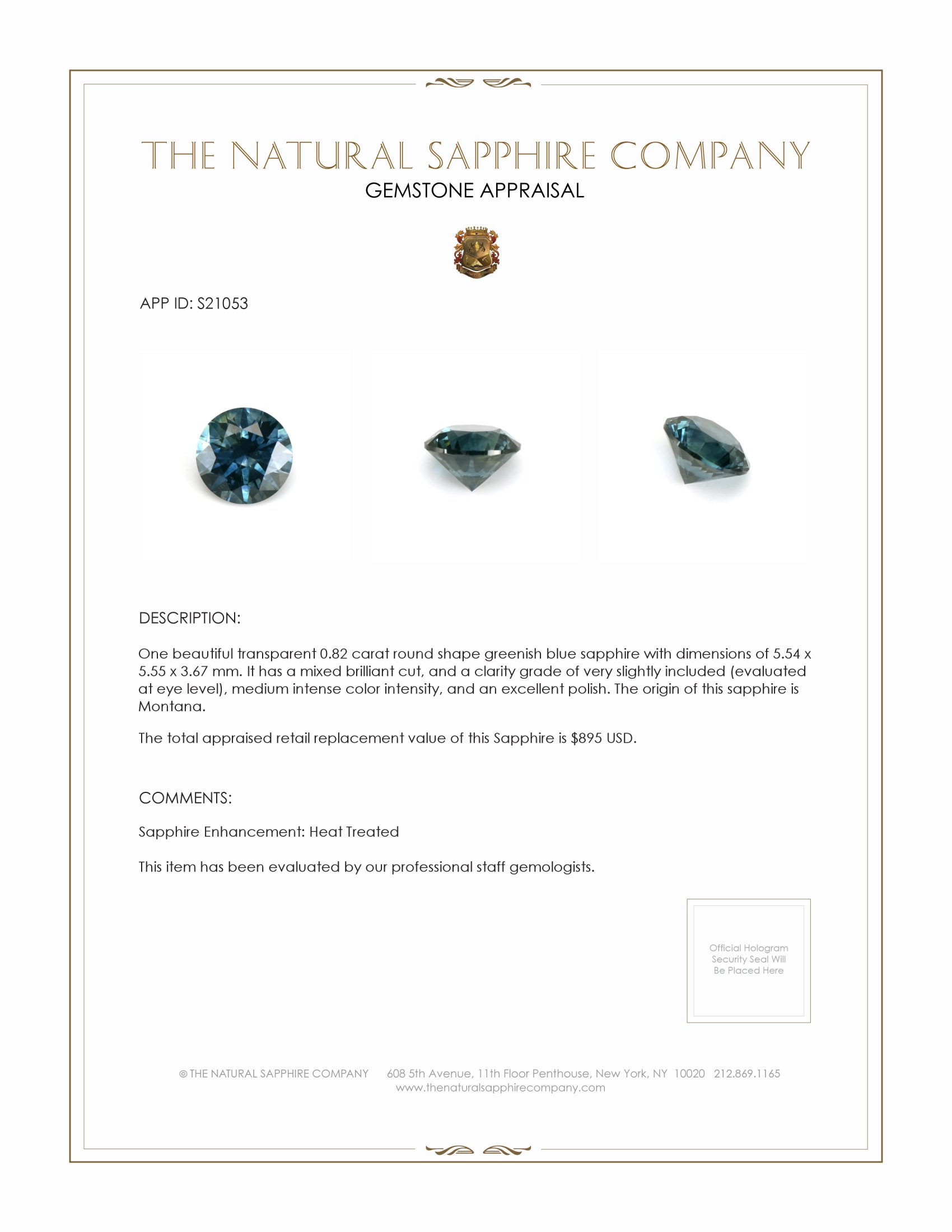 0.82 Ct. Greenish Blue Sapphire from Montana