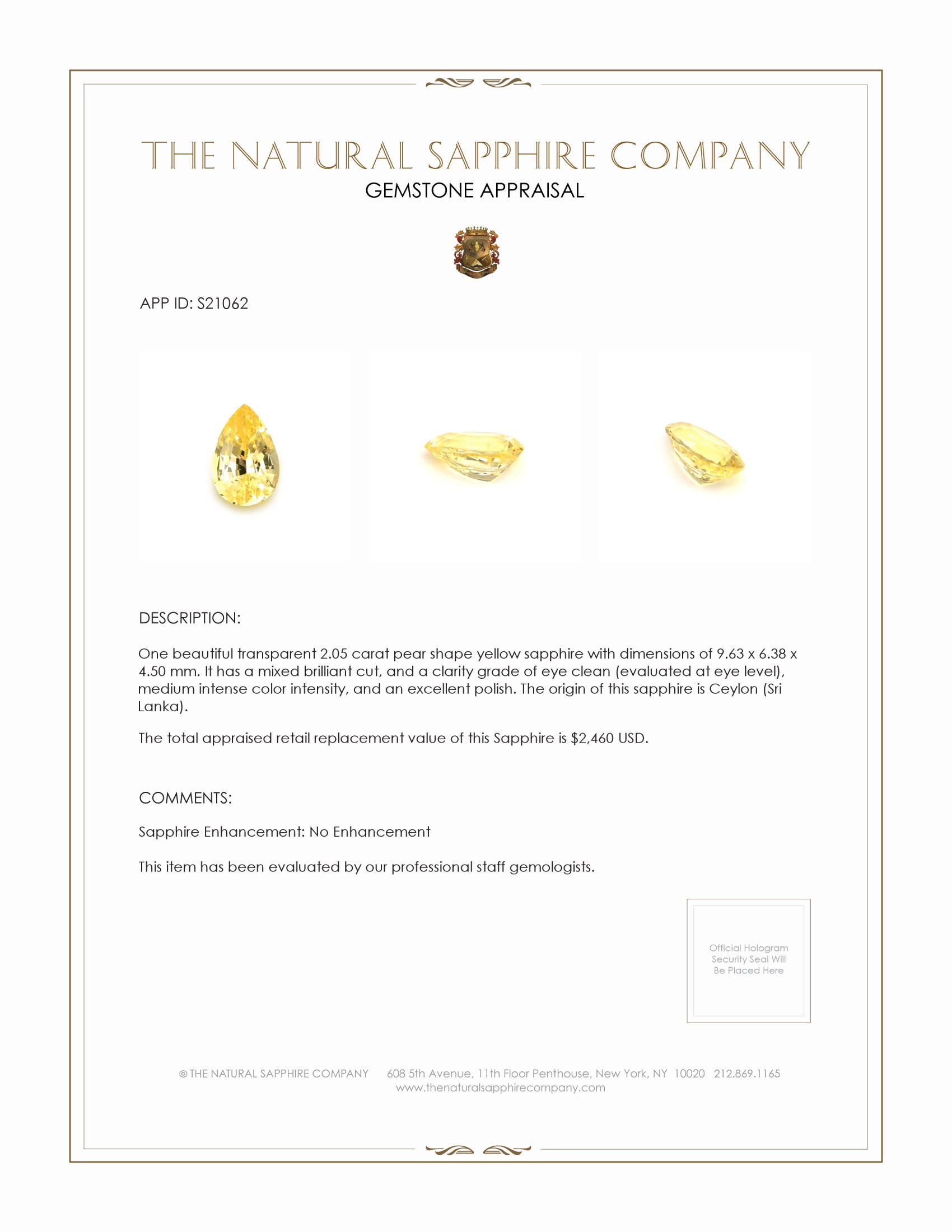 2.05 Ct. Yellow Sapphire from Ceylon (Sri Lanka)