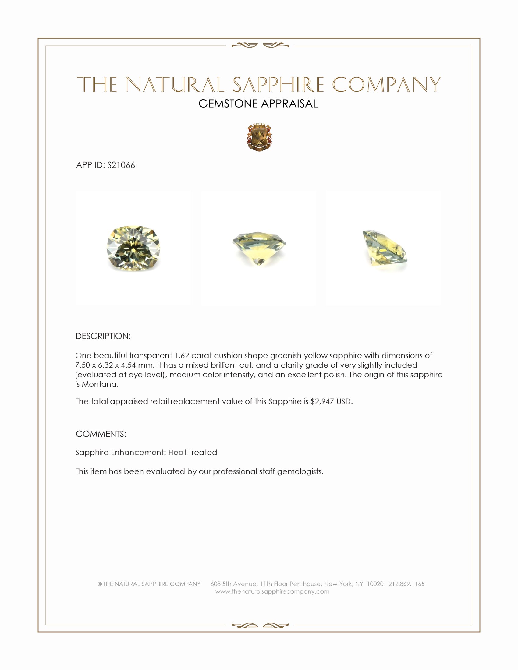 1.62 Ct. Greenish Yellow Sapphire from Montana