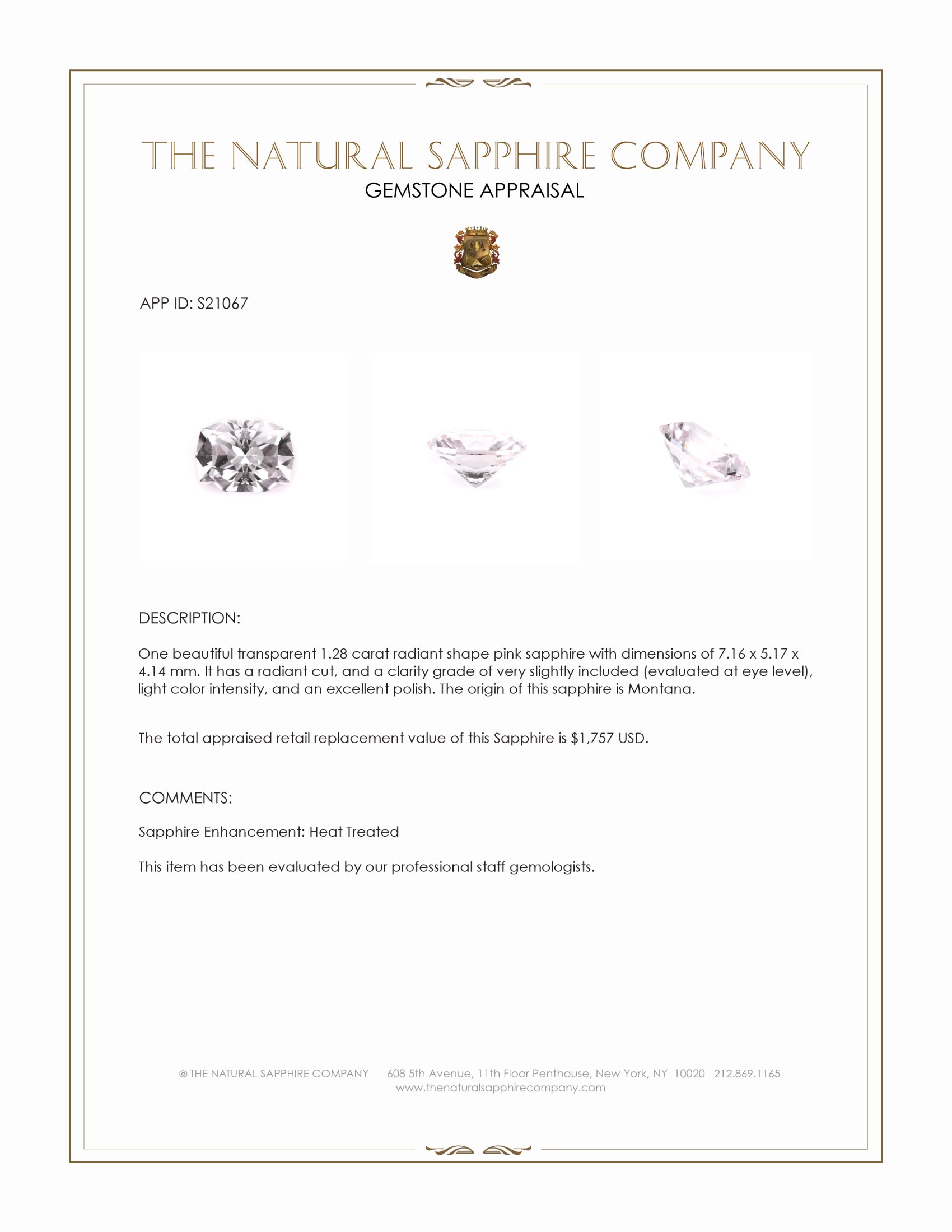 1.28 Ct. Pink Sapphire from Montana