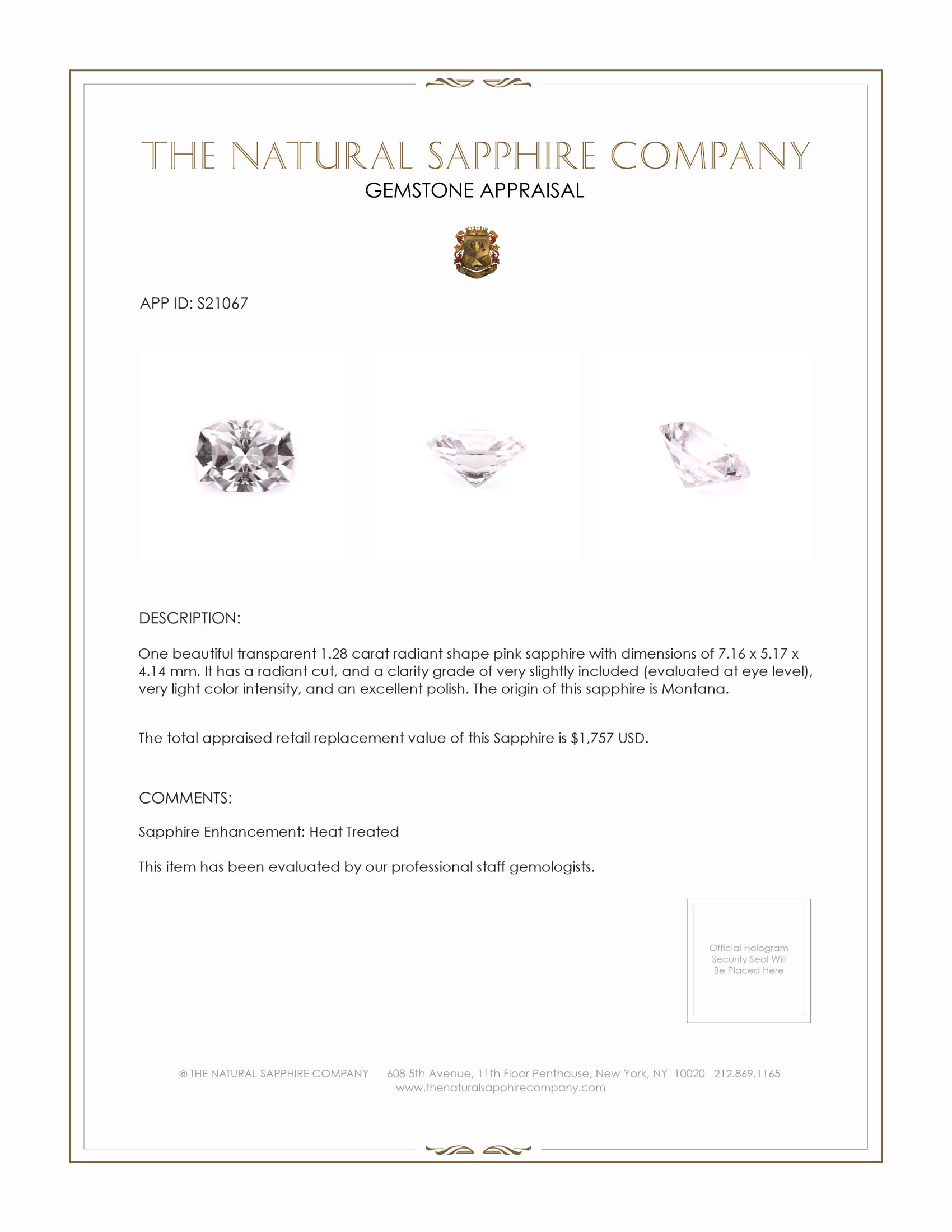 1.28 Ct. Pink Sapphire from Montana
