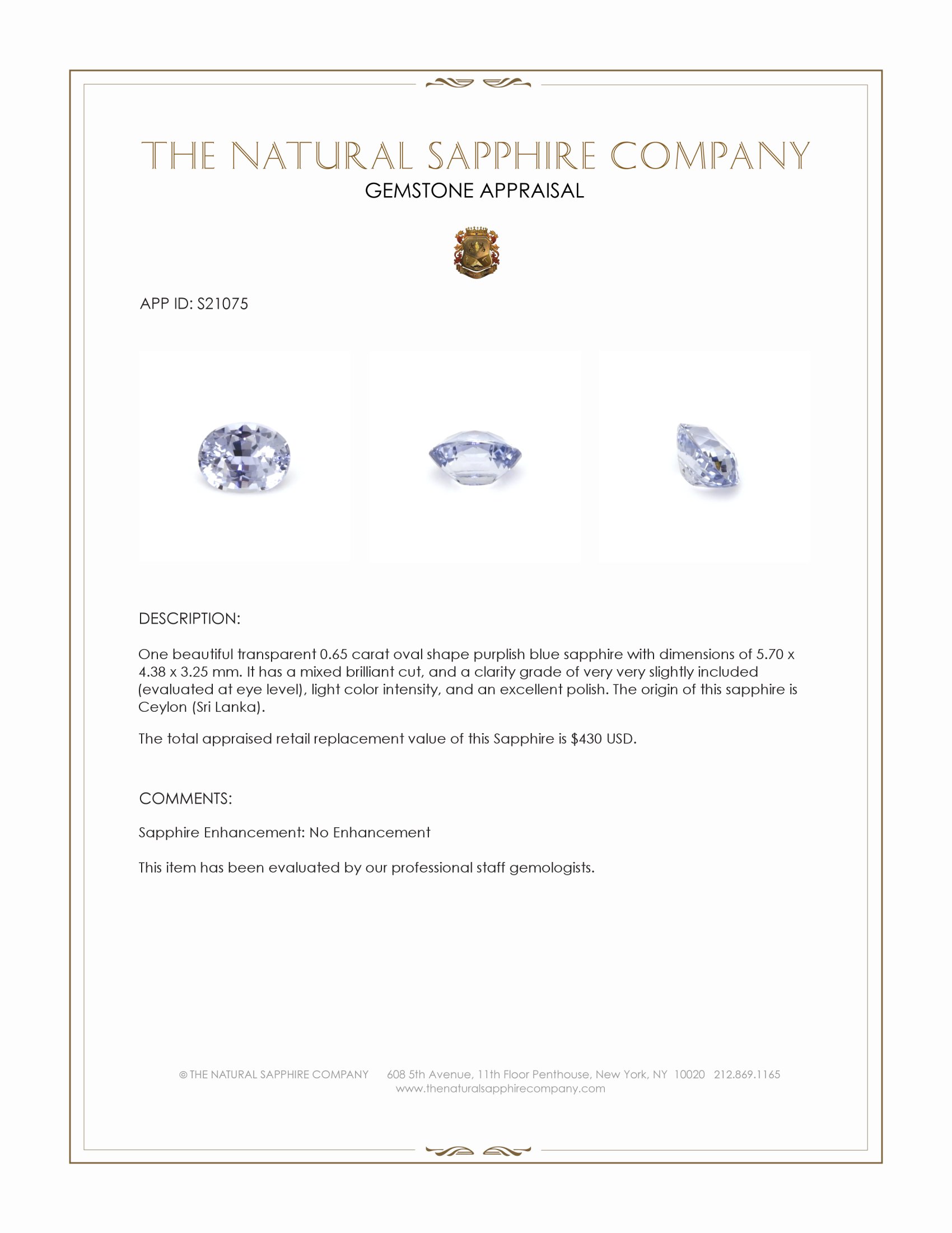 0.65 Ct. Purplish Blue Sapphire from Ceylon (Sri Lanka)