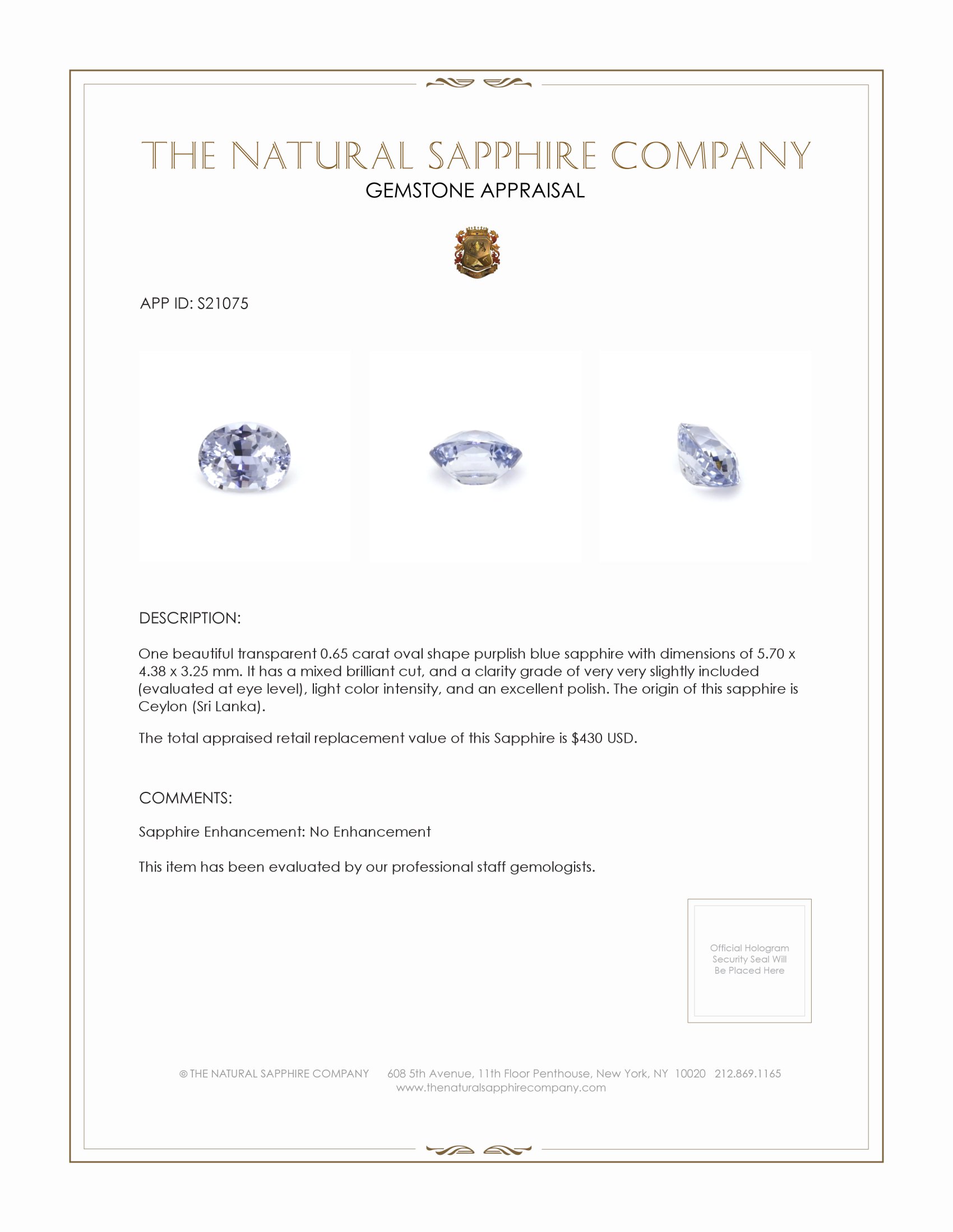 0.65 Ct. Purplish Blue Sapphire from Ceylon (Sri Lanka)