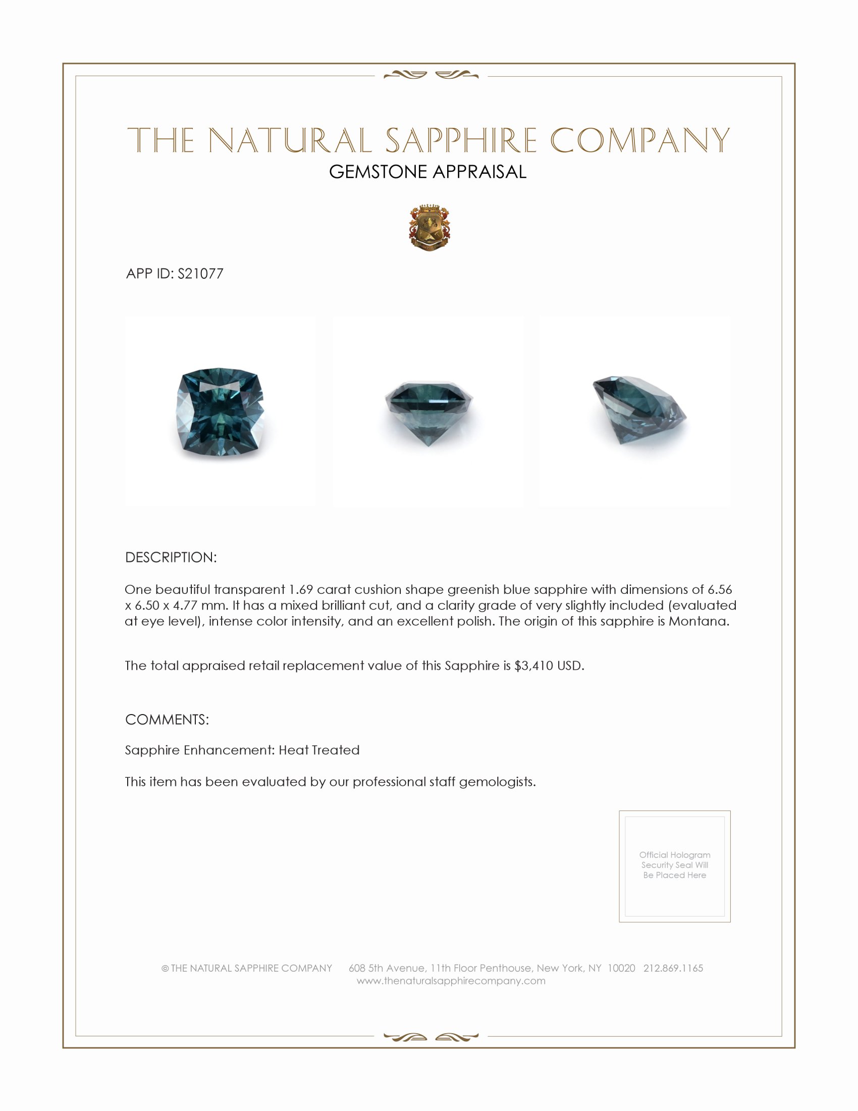 1.69 Ct. Greenish Blue Sapphire from Montana