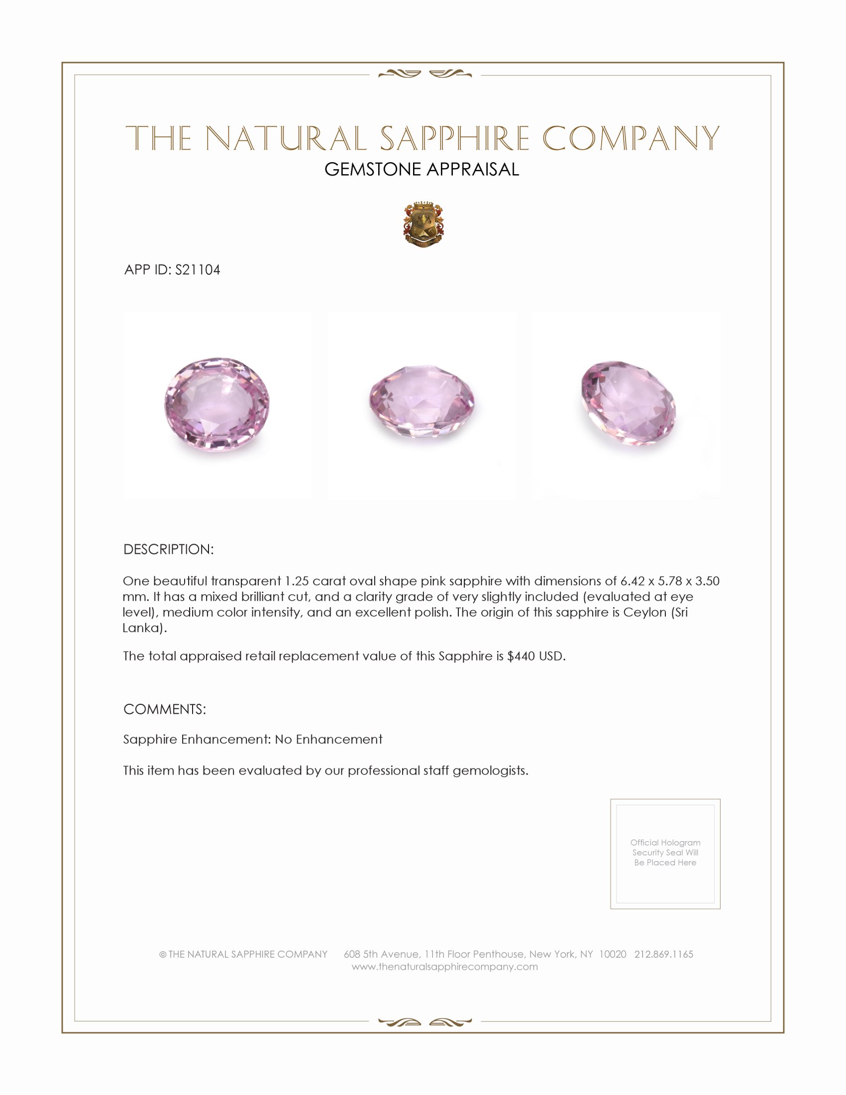 1.25 Ct. Pink Sapphire from Ceylon (Sri Lanka)