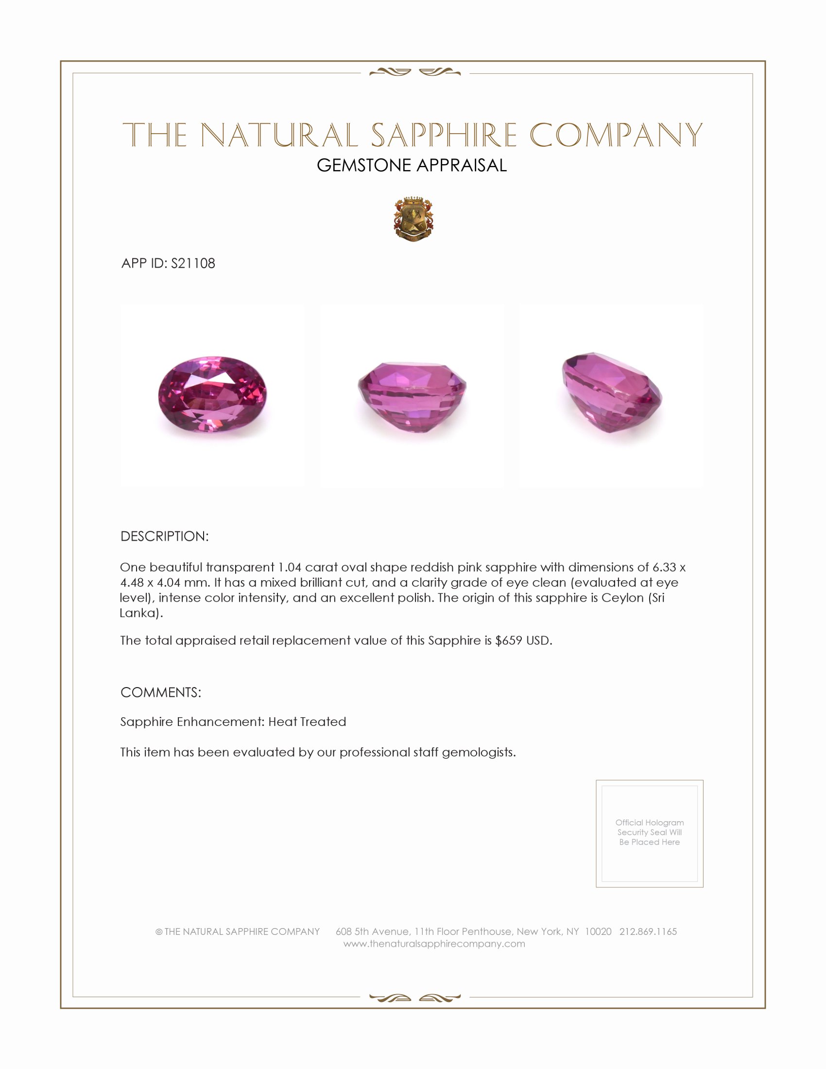 1.04 Ct. Reddish Pink Sapphire from Ceylon (Sri Lanka)